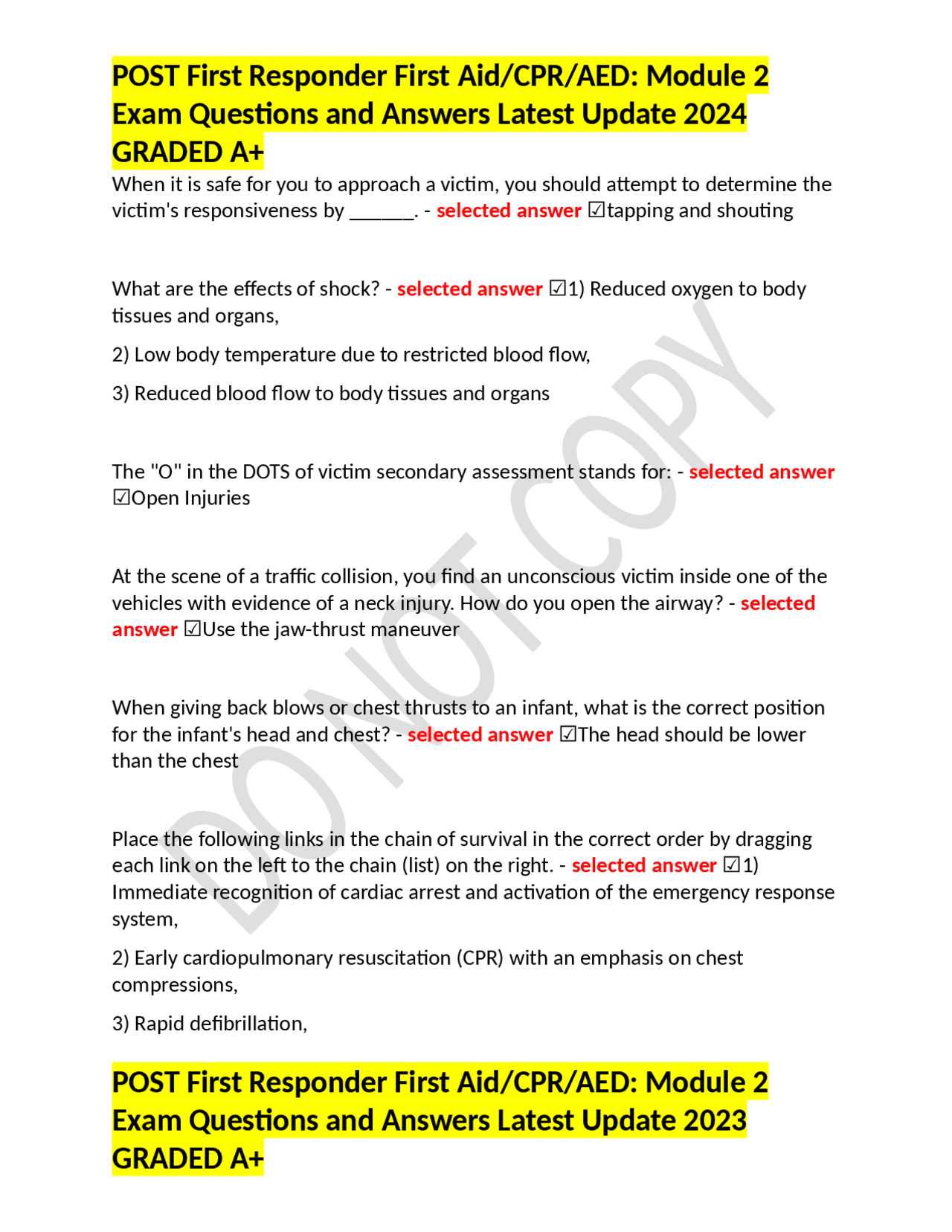 POST First Responder First Aid Module 2 Exam Questions and Answers