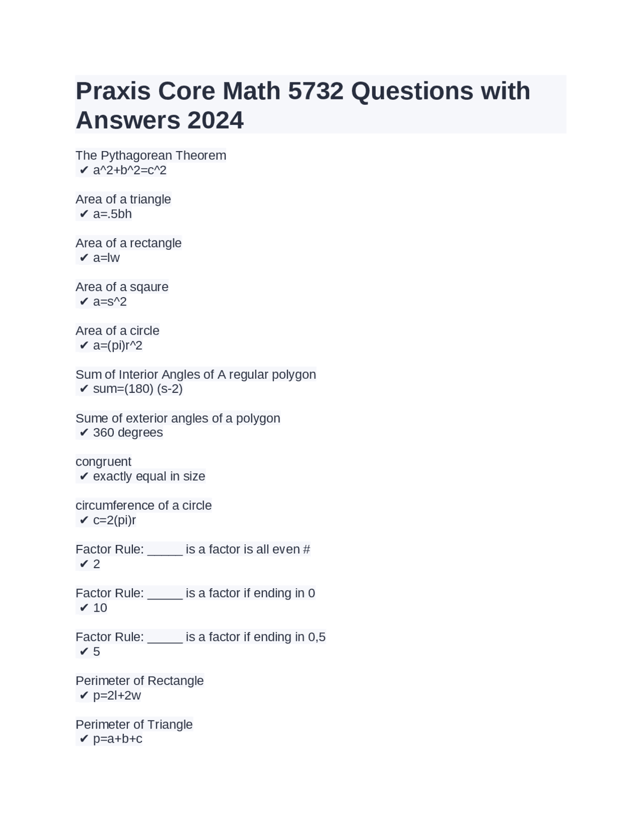 Praxis Core Math 5732 Questions with Answers 2024 | Exams Mathematics ...