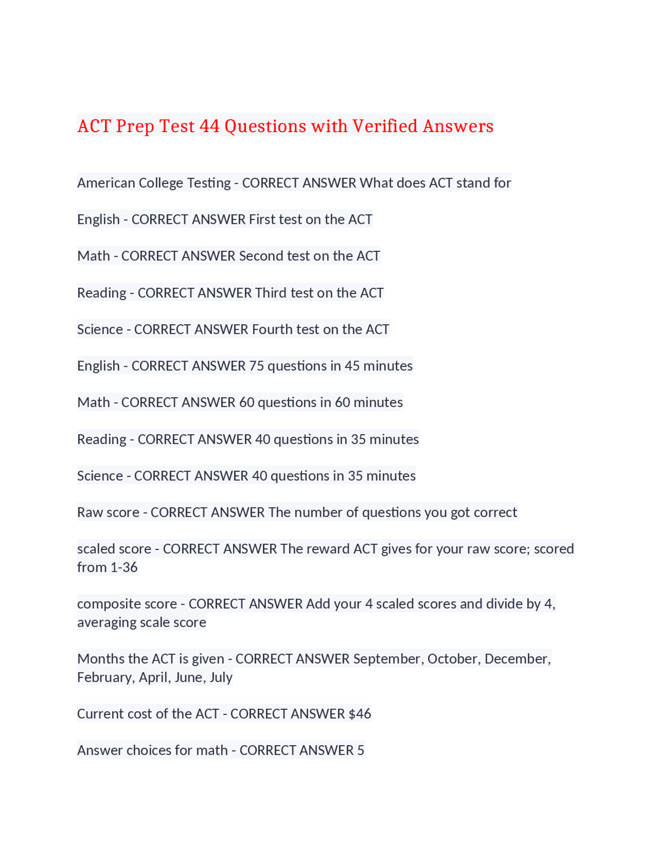 ACT Prep Test 44 Questions with Verified Answers,100% CORRECT | Exams ...