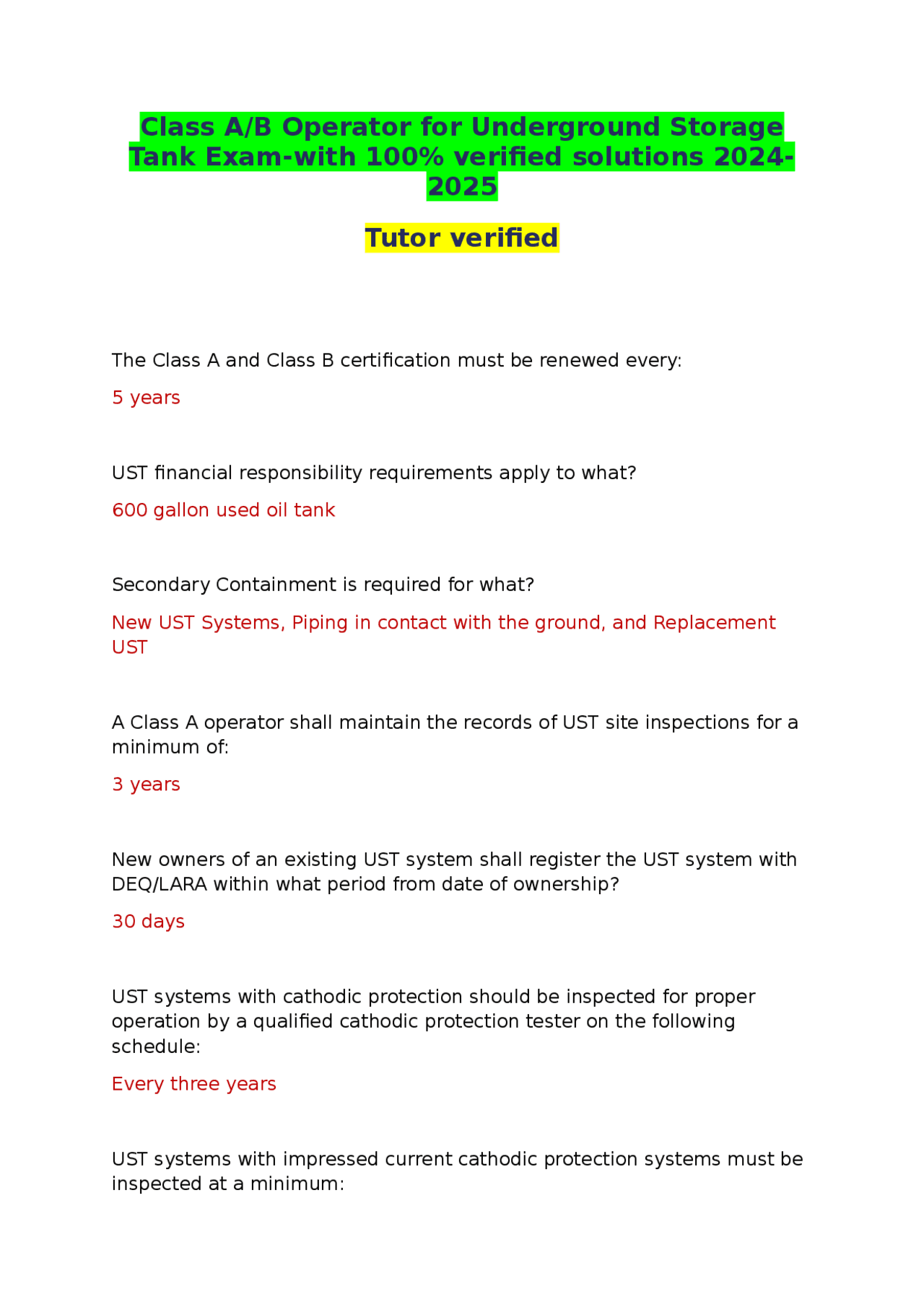 Underground Storage Tank Operator Certification Renewal and Compliance Requirements Exams