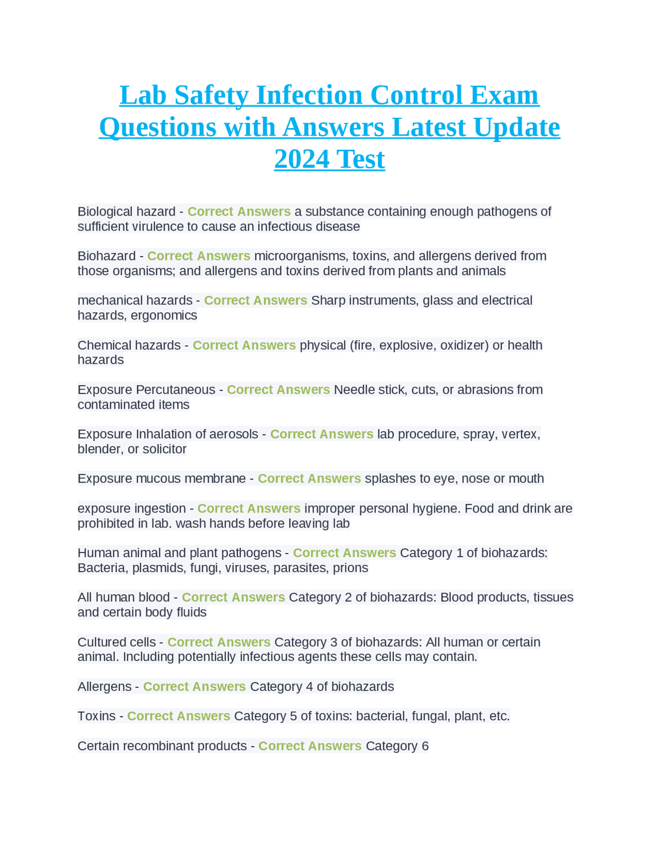 Lab Safety Infection Control Exam Questions with Answers Latest Update