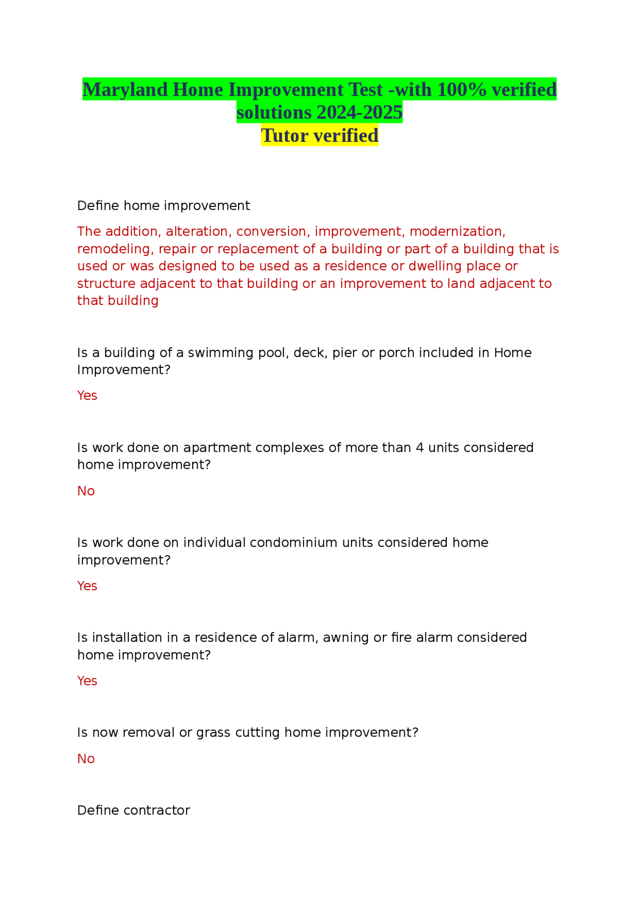 Maryland Home Improvement Test -with 100% verified solutions 2024-2025 ...