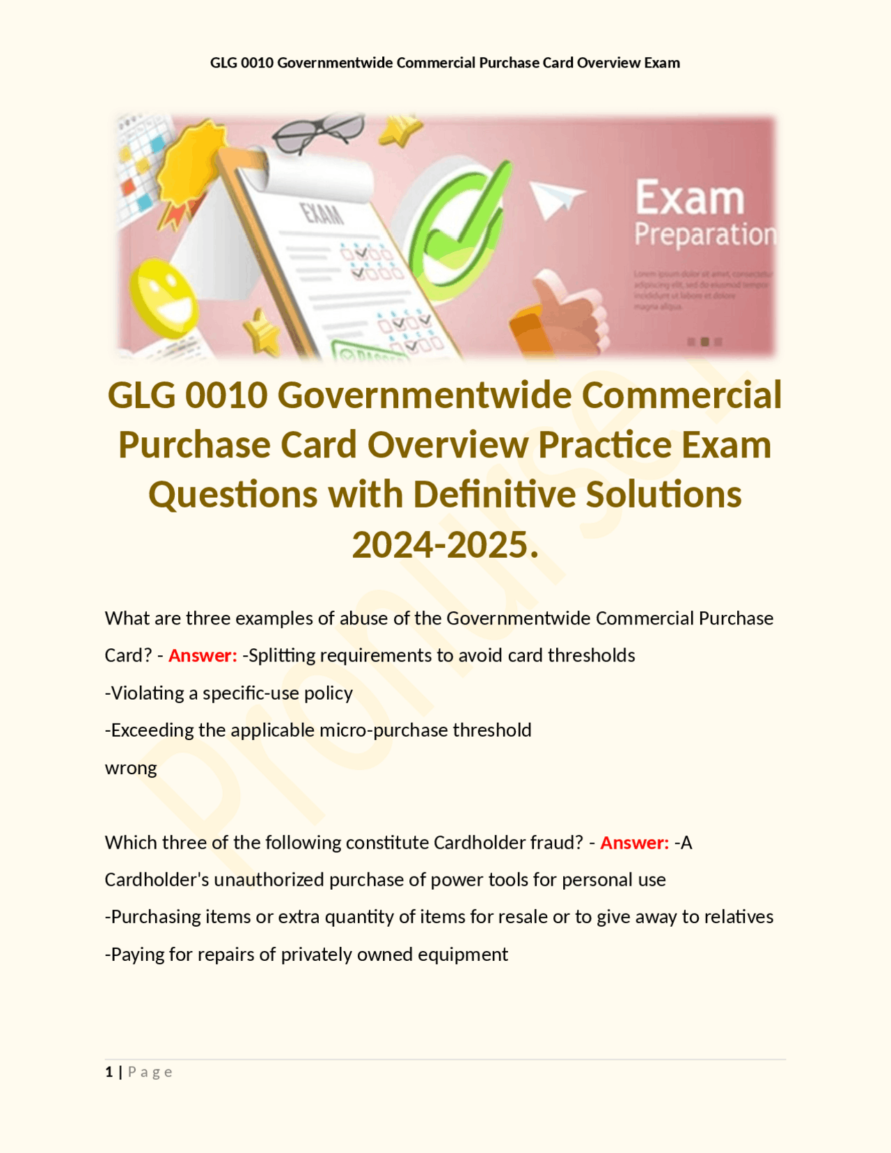 GLG 0010 Governmentwide Commercial Purchase Card Overview Practice Exam ...