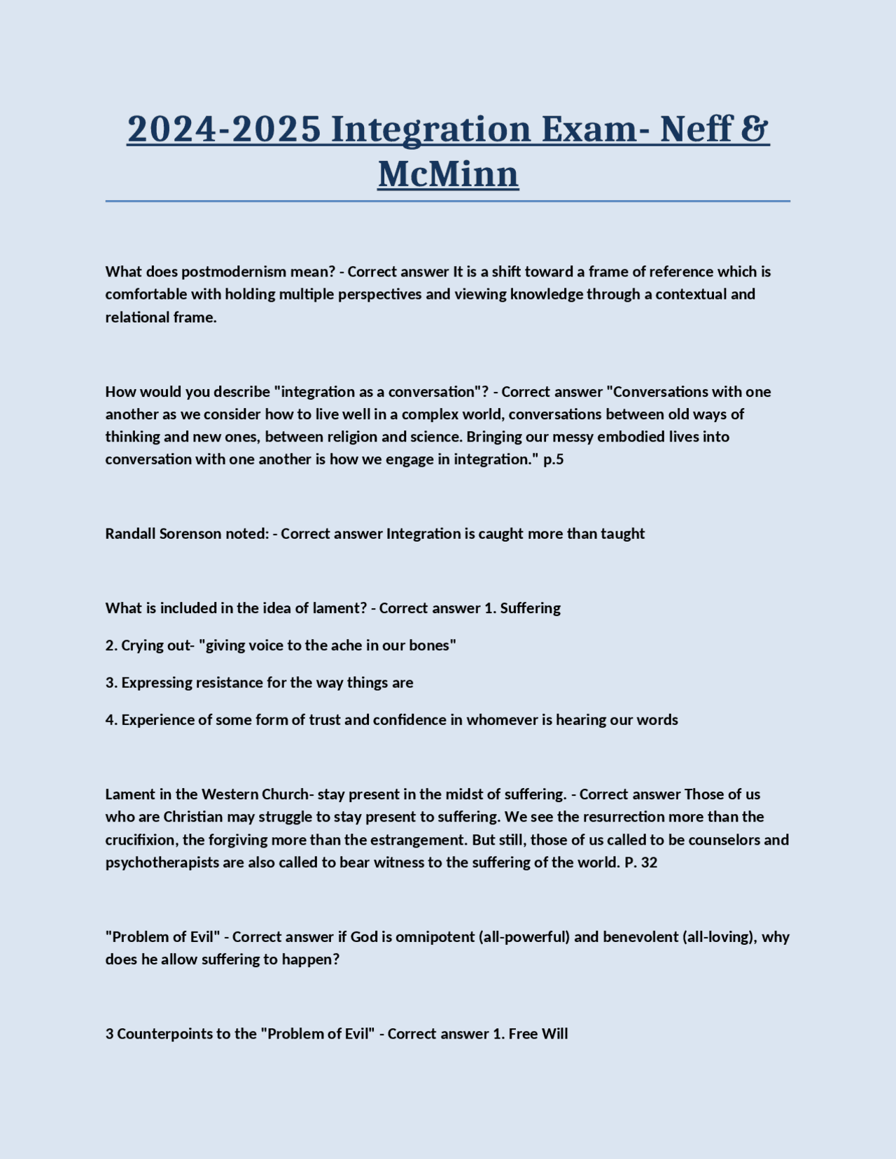 Integration Exam Study Guide: Neff & McMinn's Postmodern Counseling ...