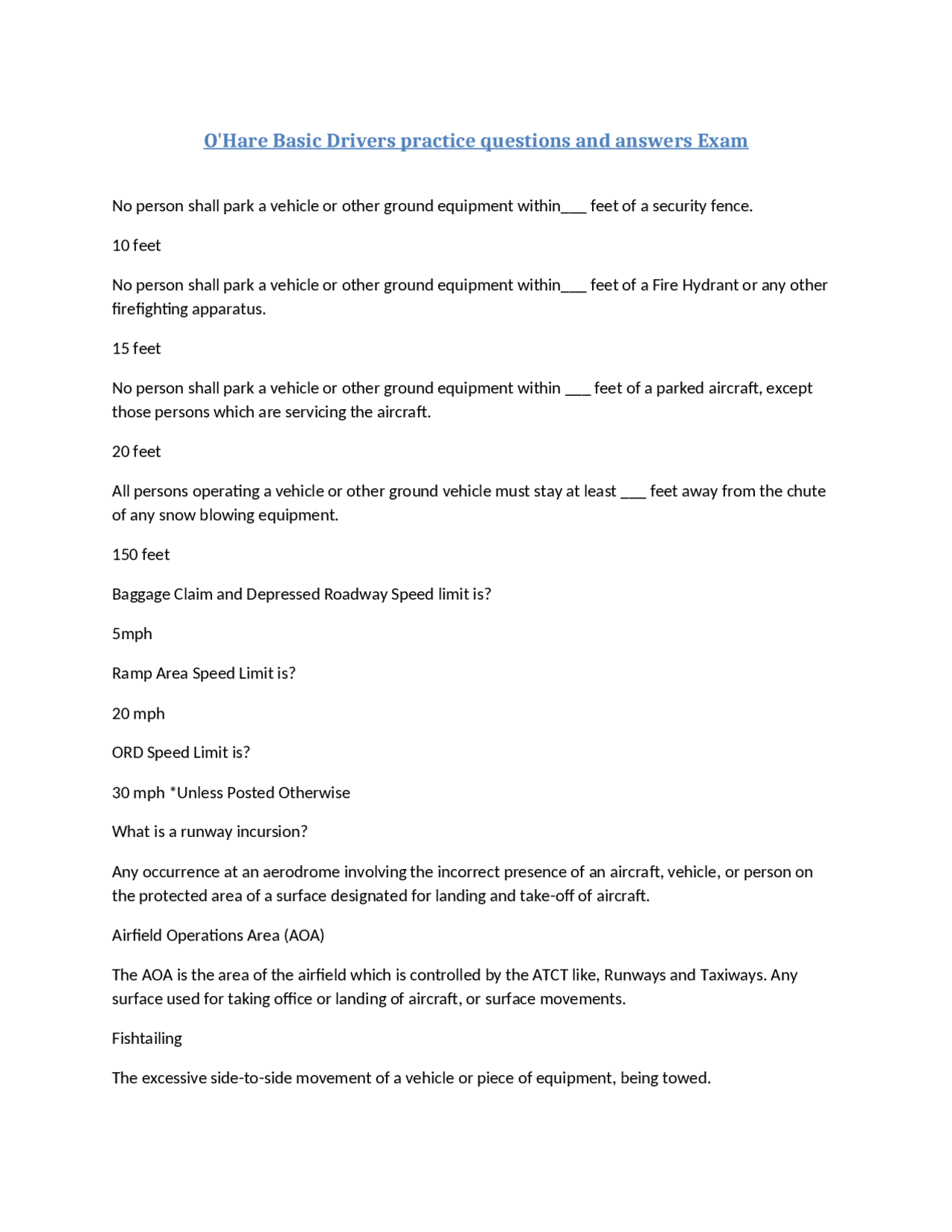 O'Hare Basic Drivers practice questions and answers Exam | Exams ...