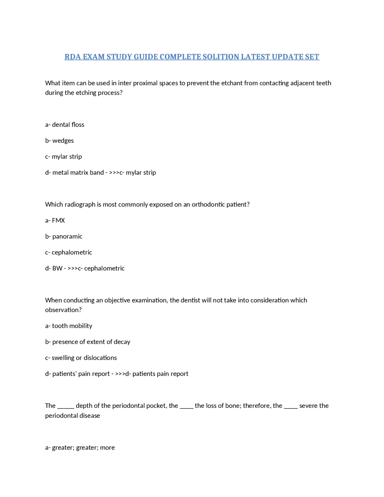 RDA EXAM STUDY GUIDE COMPLETE SOLITION LATEST UPDATE SET | Exams ...
