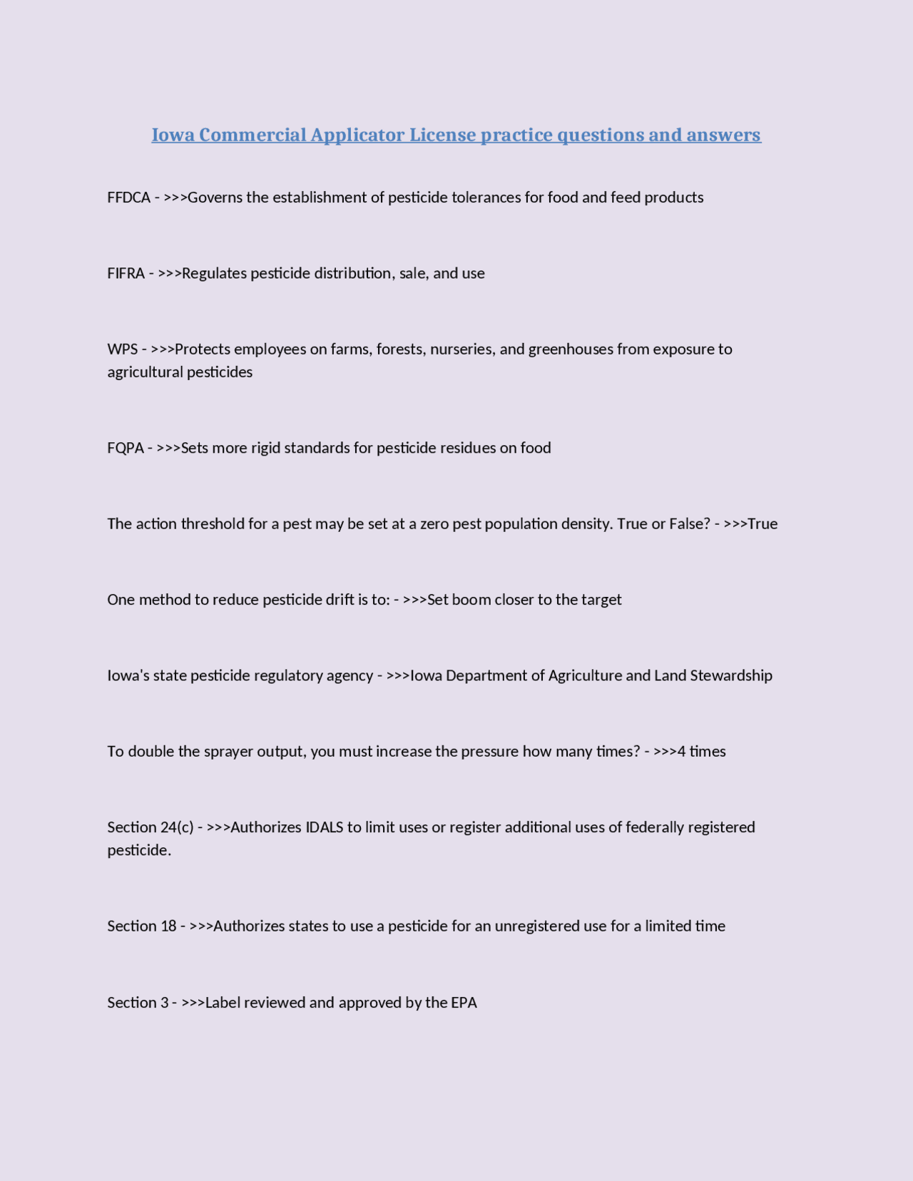 Iowa Commercial Applicator License practice questions and answers