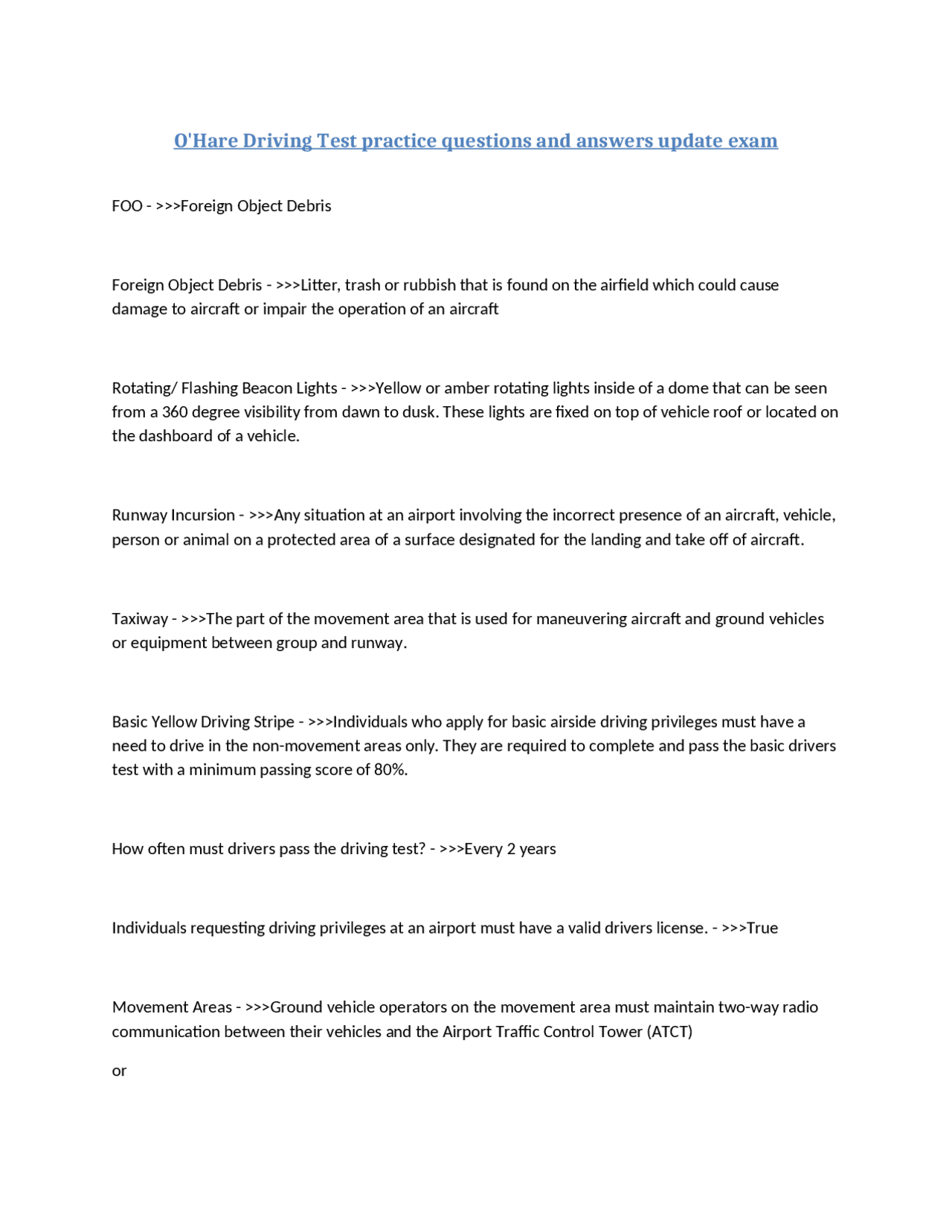 O'Hare Driving Test practice questions and answers update exam | Exams ...