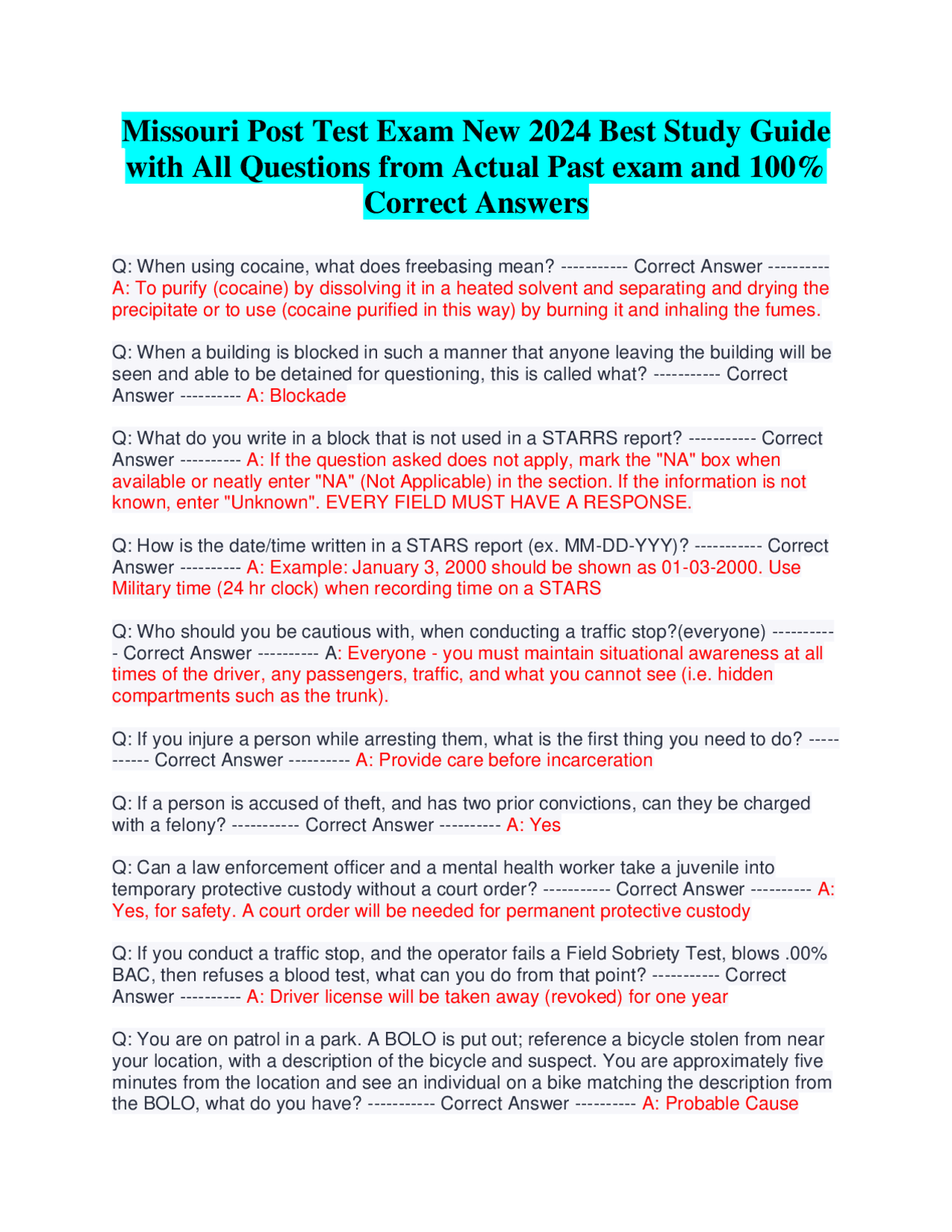 Missouri Post Test Exam New 2024 Best Study Guide with All Questions