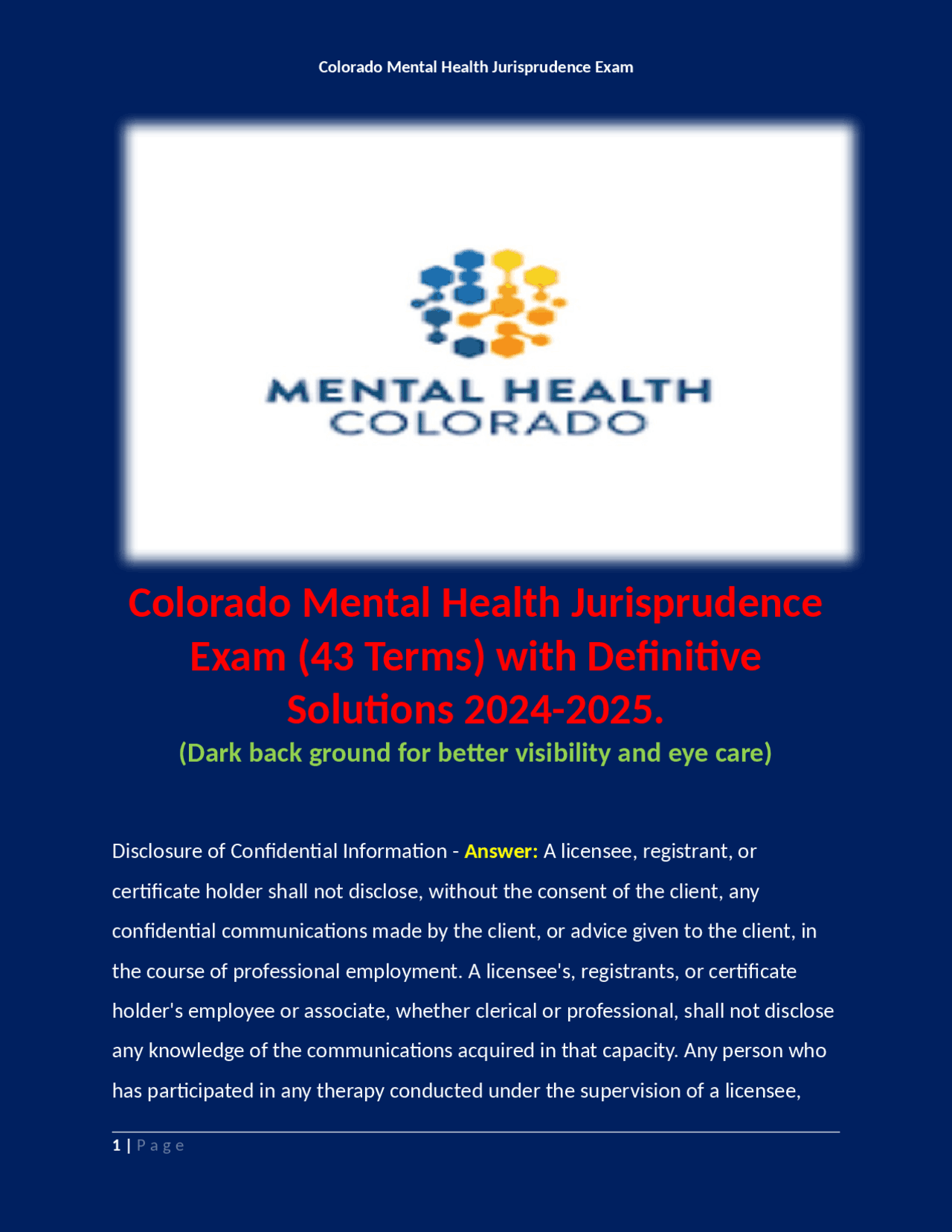 Colorado Mental Health Jurisprudence Exam (43 Terms) with Definitive Solutions 20242025