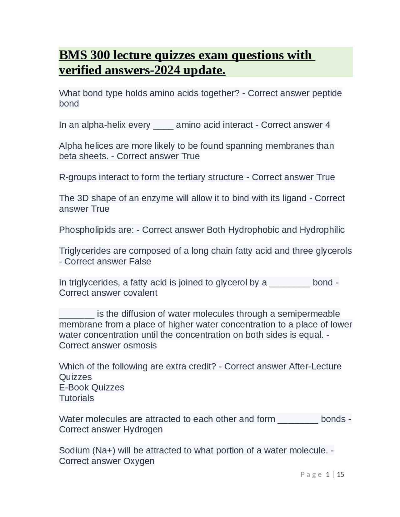 BMS 300 lecture quizzes exam questions with verified answers2024