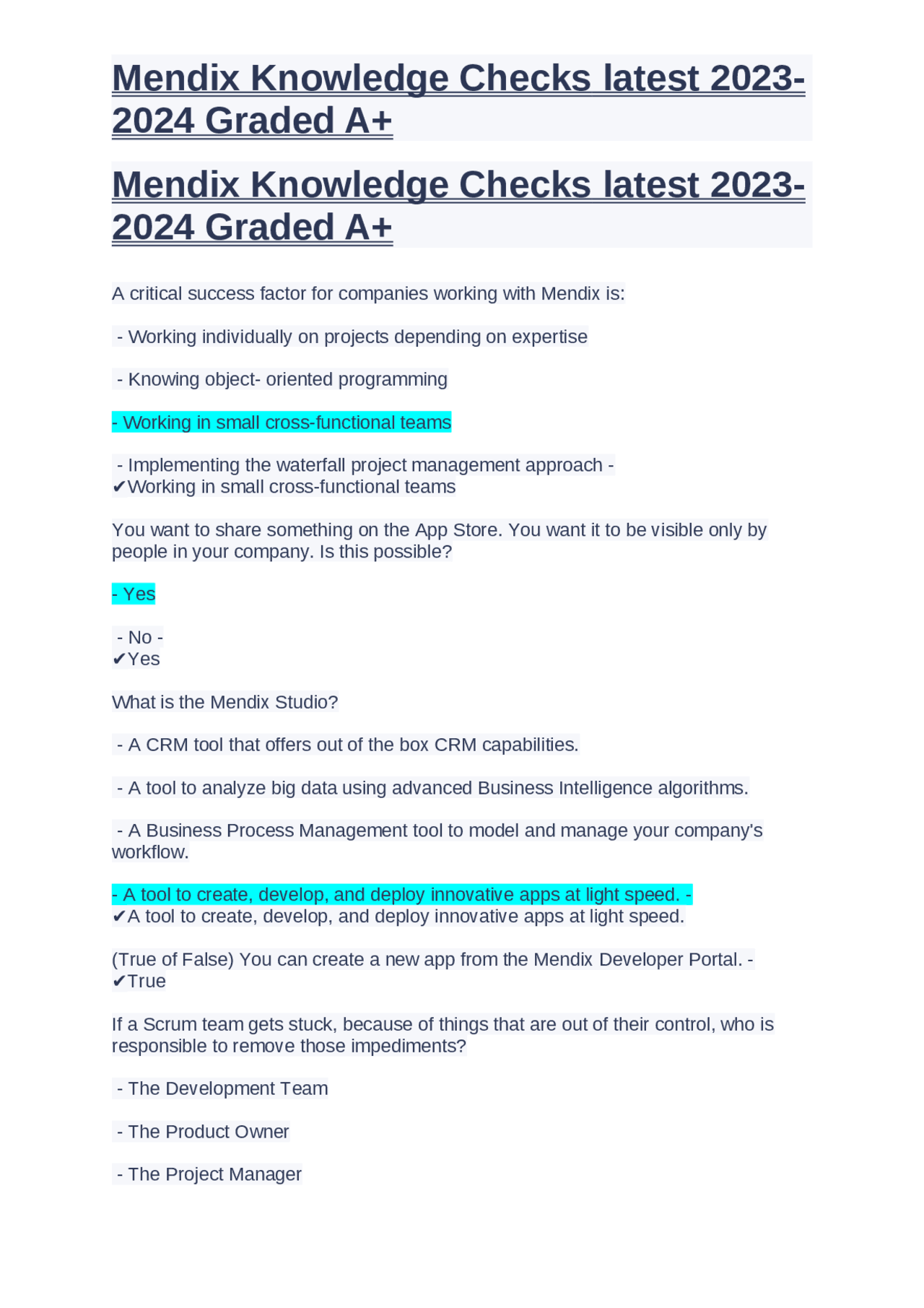 Mendix App Development Knowledge Checks | Exams Nursing | Docsity