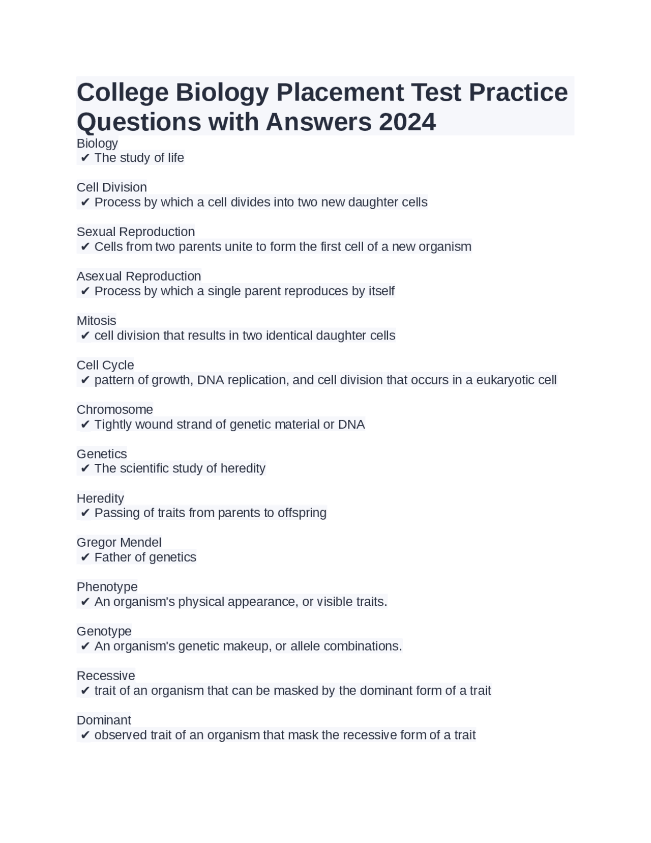 College Biology Placement Test Practice Questions with Answers 2024 ...