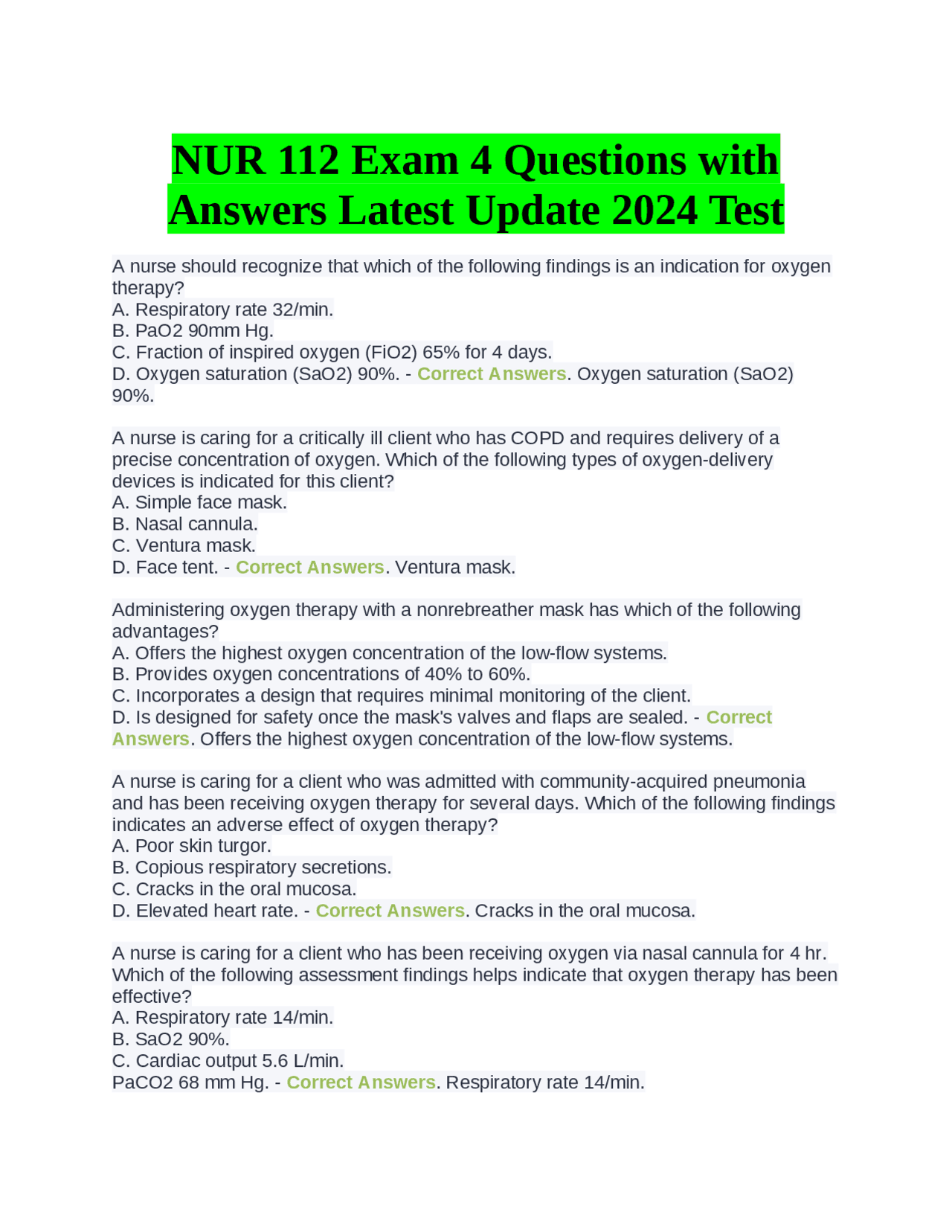 NUR 112 Exam 4 Questions with Answers Latest Update 2024 Test | Exams ...