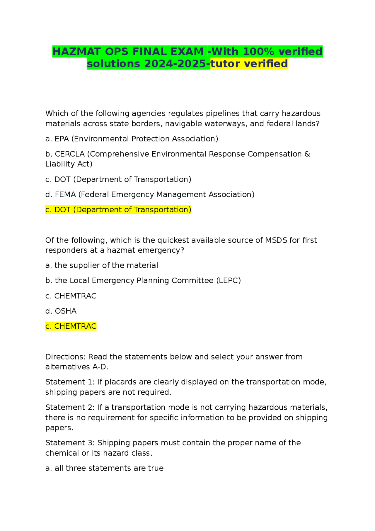 HAZMAT OPS FINAL EXAM -With 100% verified solutions 2024-2025-tutor ...