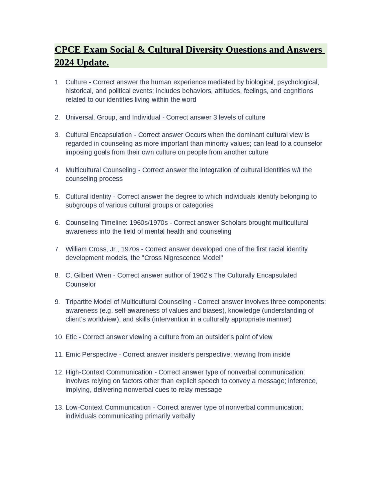 CPCE Exam Social & Cultural Diversity Questions and Answers 2024 Update. | Exams Social ...