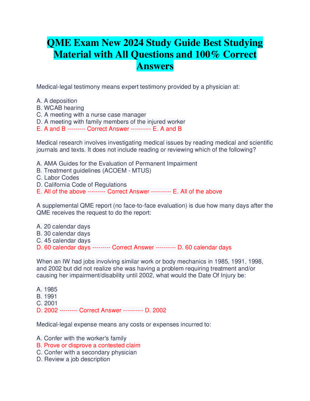 QME Exam New 2024 Study Guide Best Studying Material with All Questions