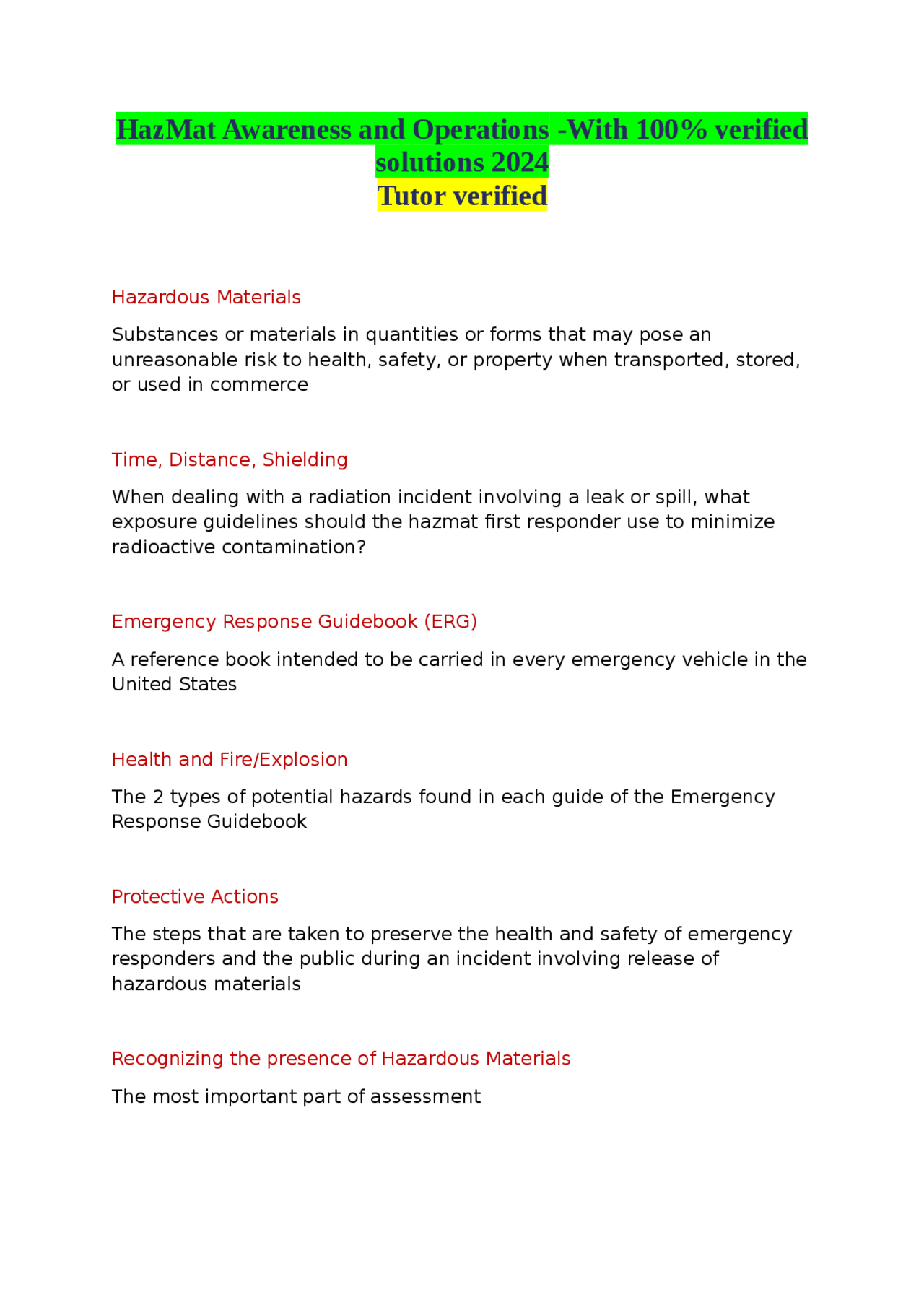 HazMat Awareness and Operations -With 100% verified solutions 2024.docx ...