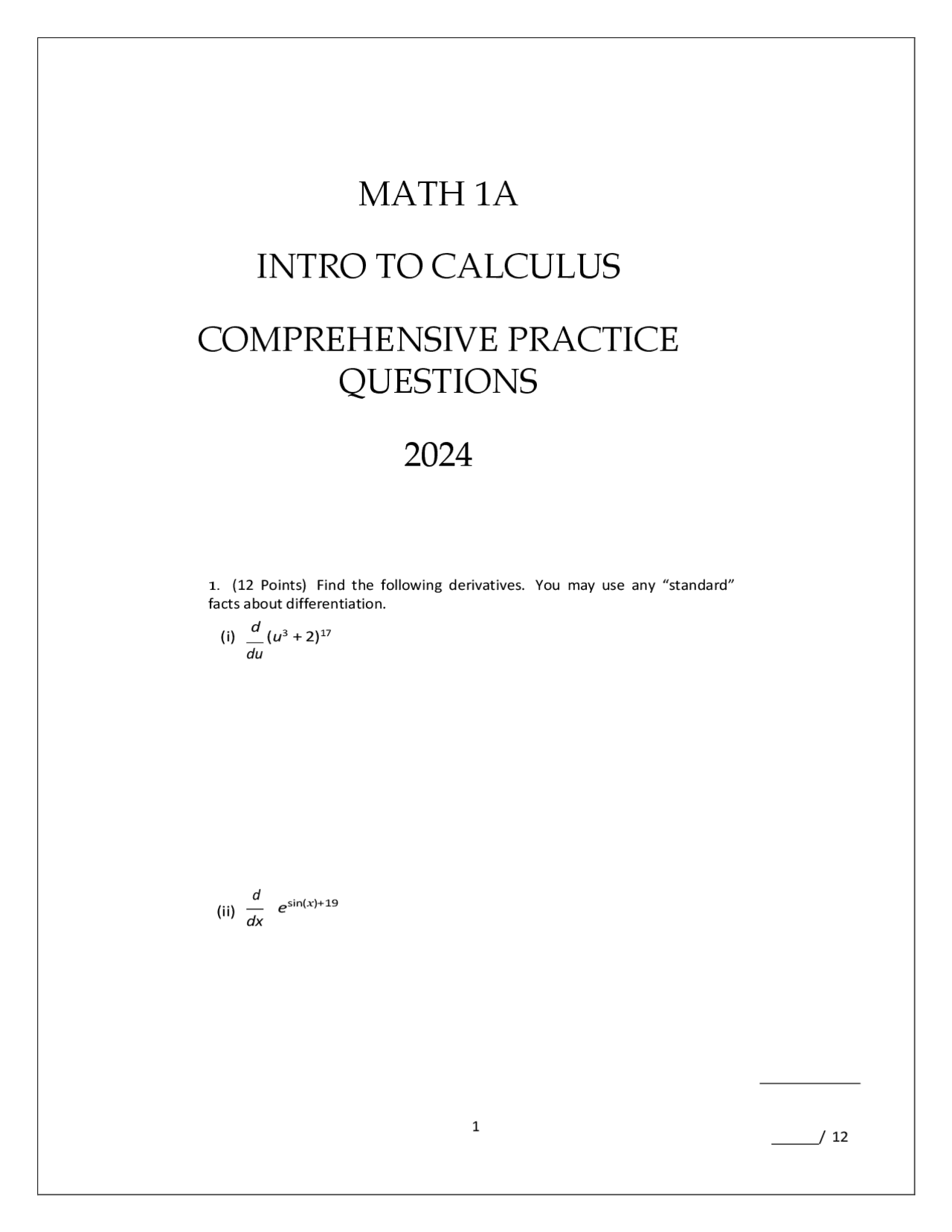 Comprehensive Practice Questions for MATH 1A: Introduction to Calculus ...