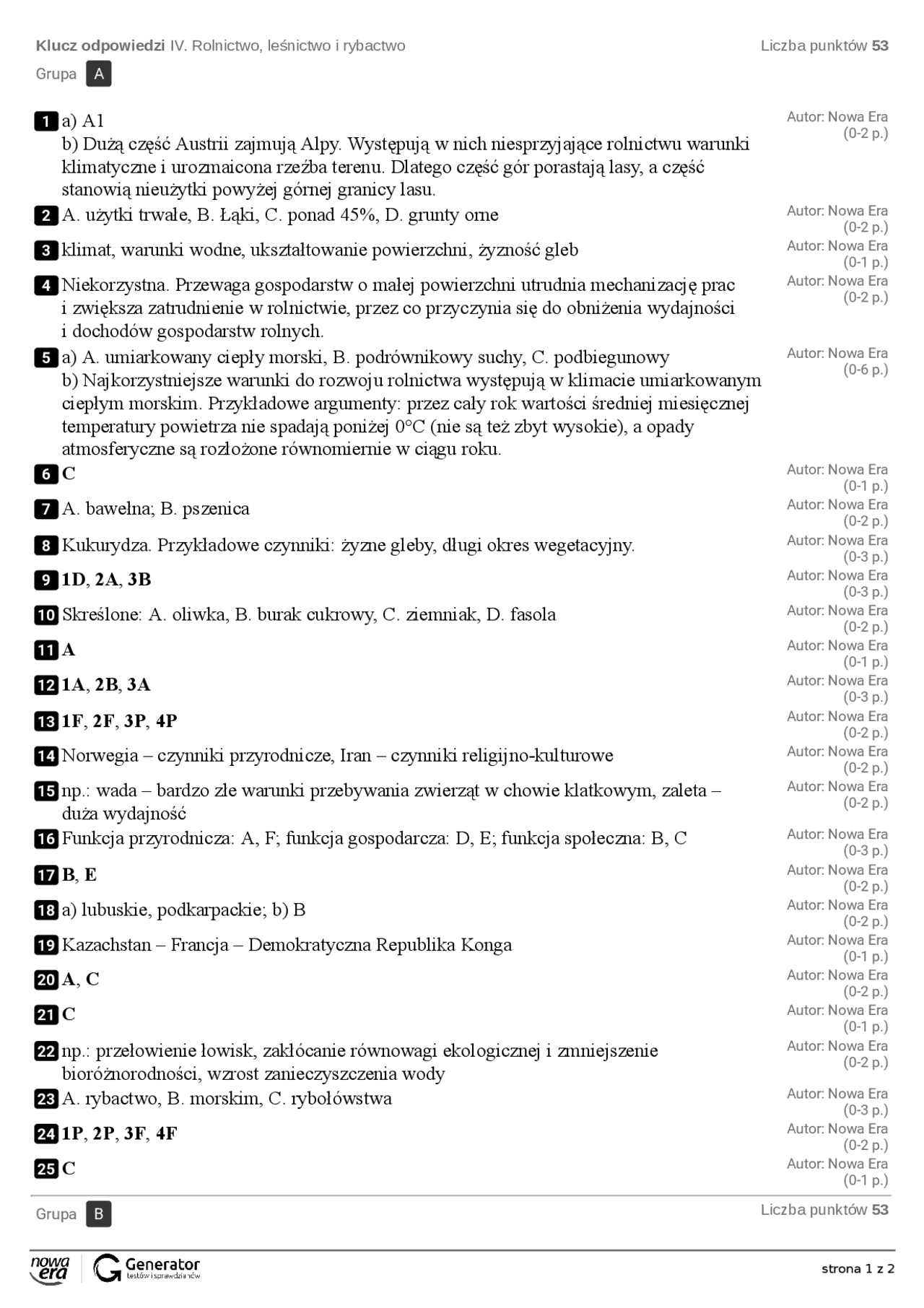 Sprawdzian - Rolnictwo i rybactwo - klucz odpowiedzi | Schematy