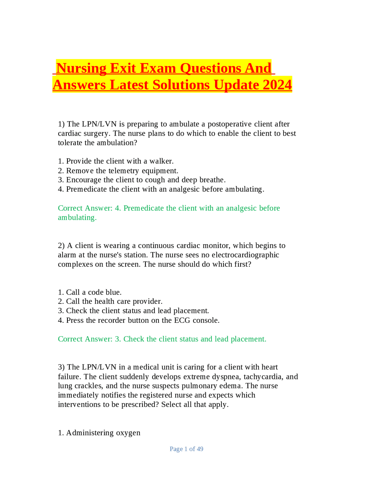 Nursing Exit Exam Questions And Answers Latest Solutions Update 2024 ...
