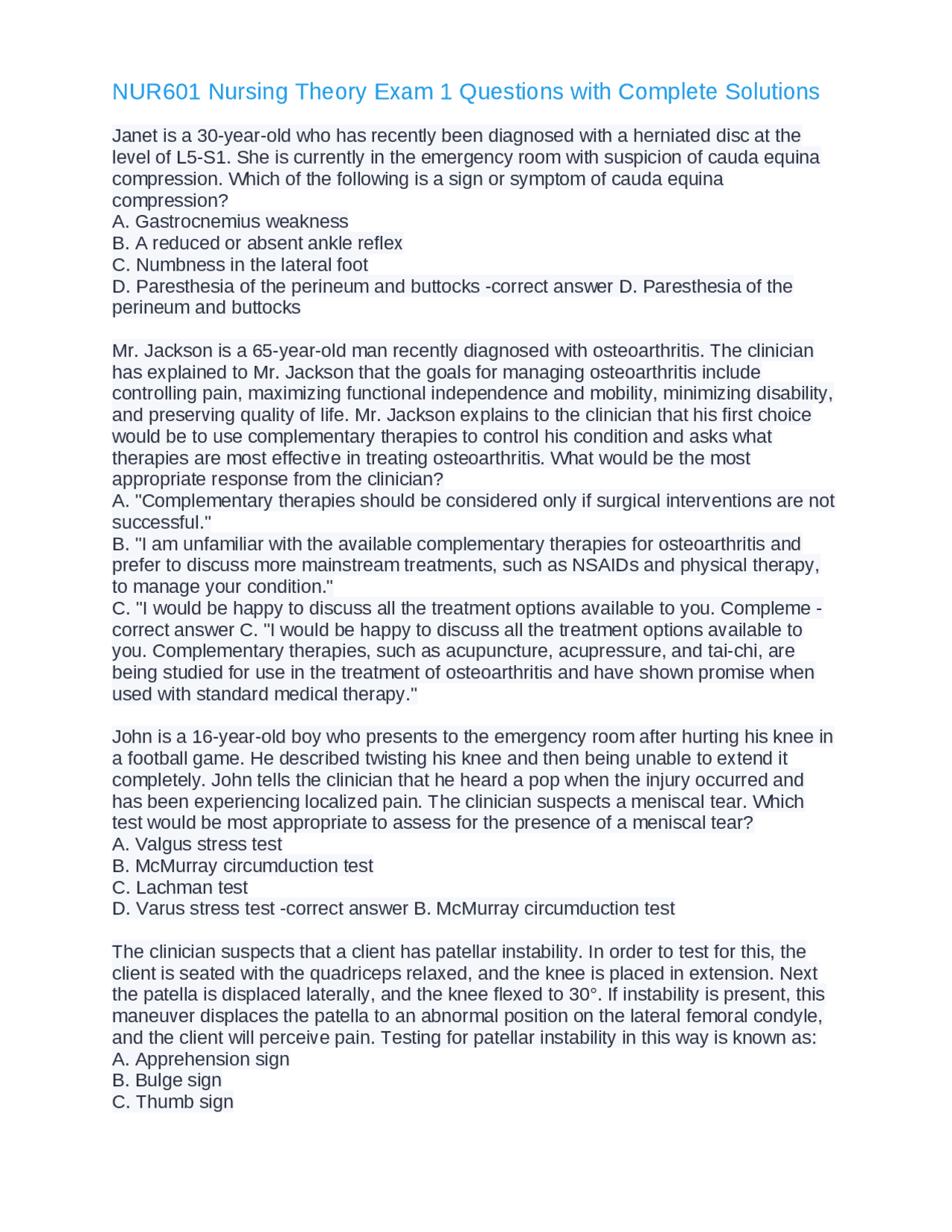 NUR601 Nursing Theory Exam 1 Questions with Complete Solutions | Exams ...