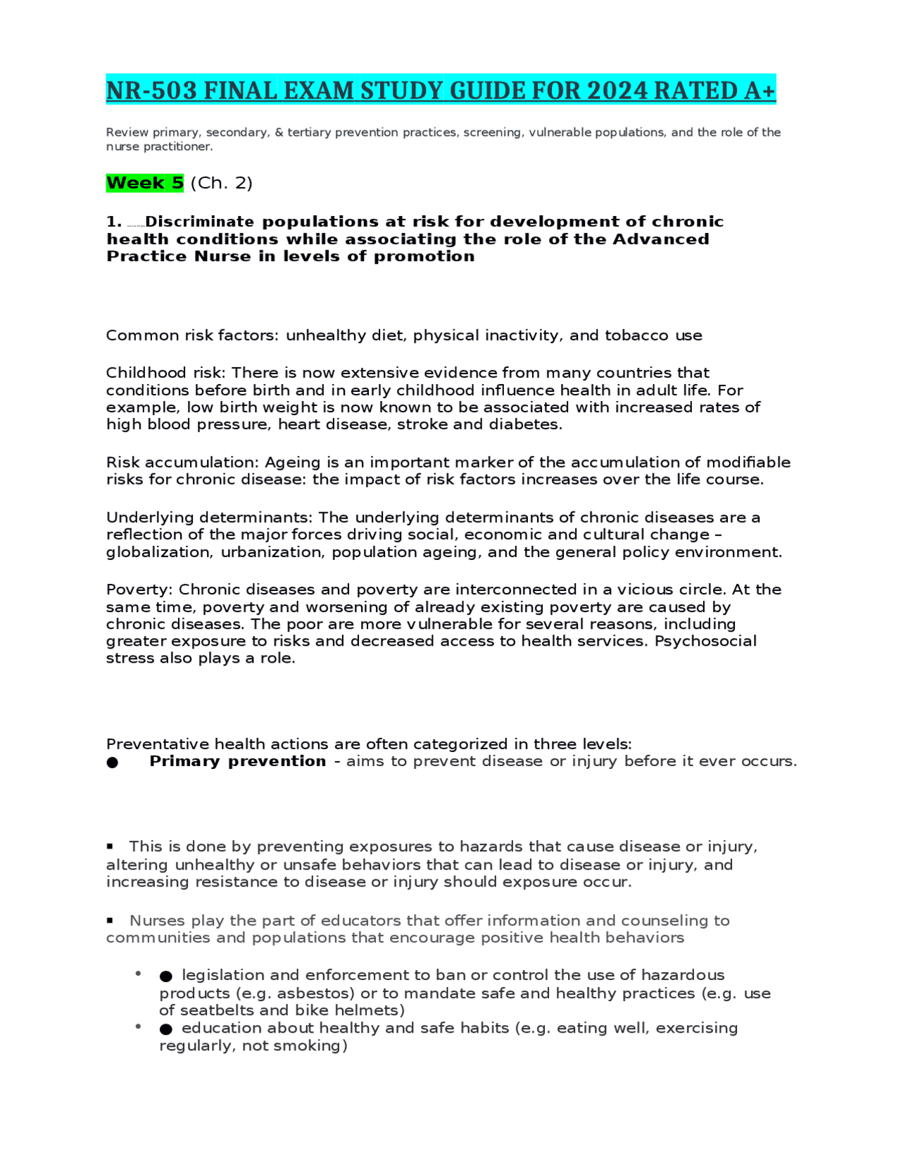 NR-503 FINAL EXAM STUDY GUIDE FOR 2024 RATED A+ | Exams Nursing | Docsity
