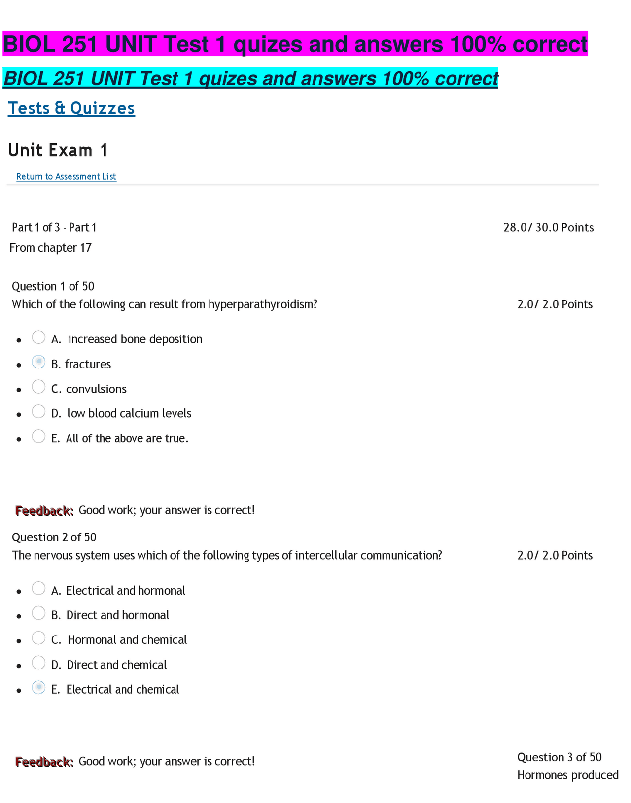 BIOL 251 Unit Test 1 Quiz Answers | Exams Nursing | Docsity