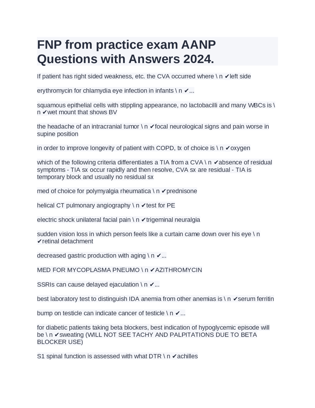 AANP Practice Exam Questions and Answers for 2024 | Exams Nursing | Docsity