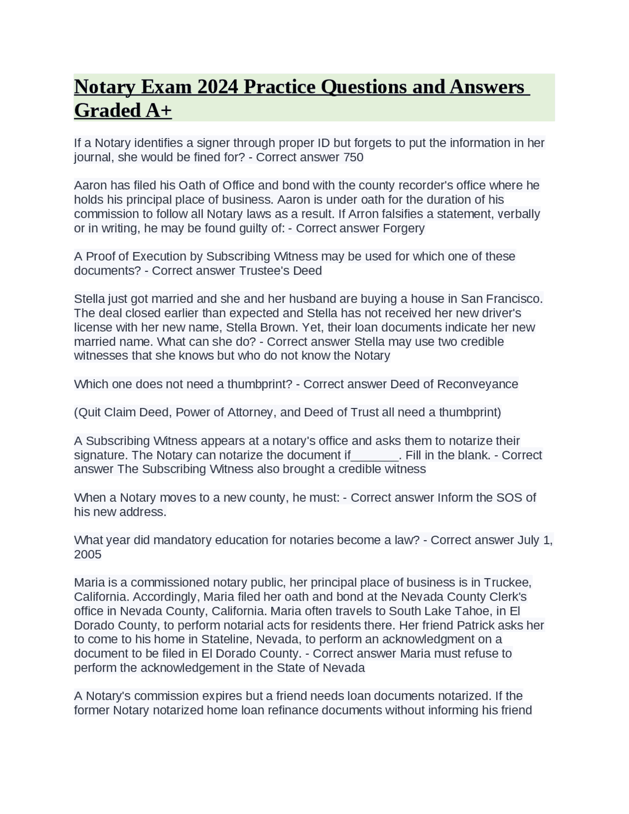 Notary Exam 2024 Practice Questions And Answers Graded A Exams