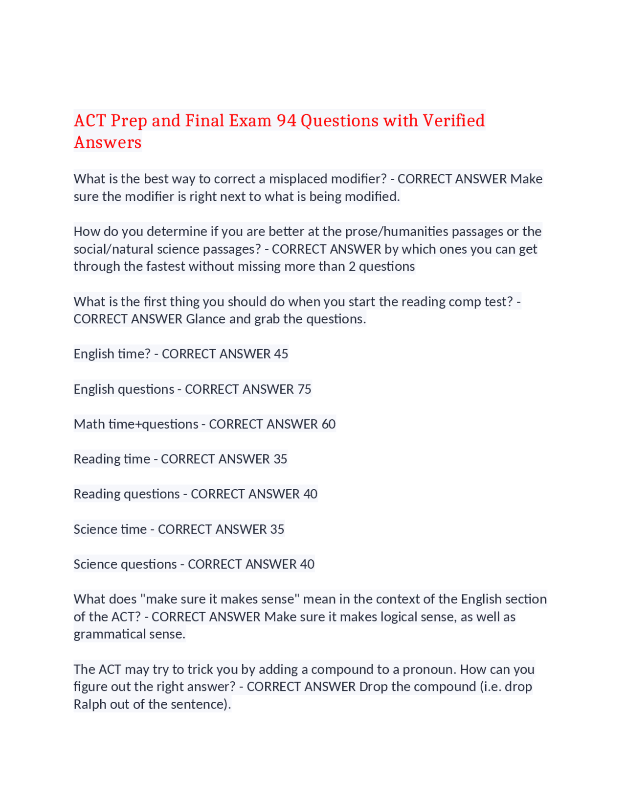 ACT Prep and Final Exam 94 Questions with Verified Answers,100% CORRECT ...