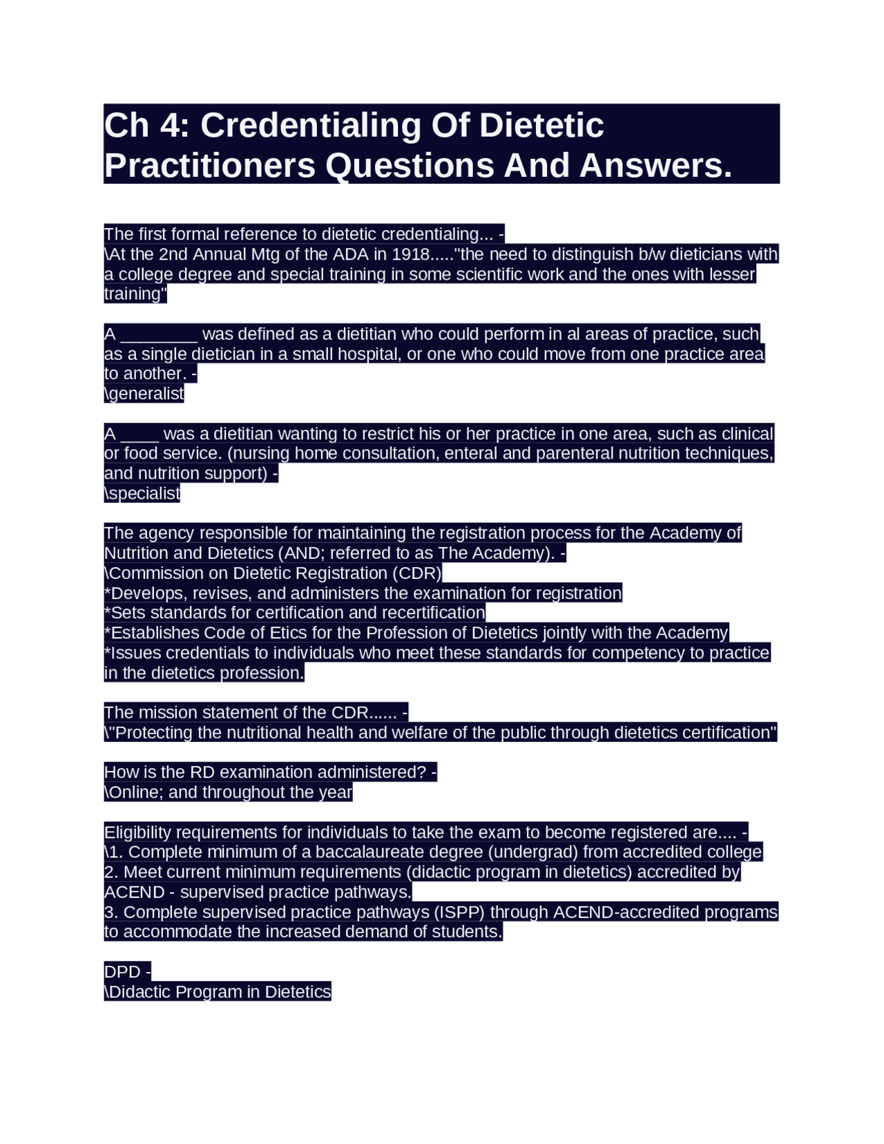Ch 4: Credentialing Of Dietetic Practitioners Questions And Answers ...