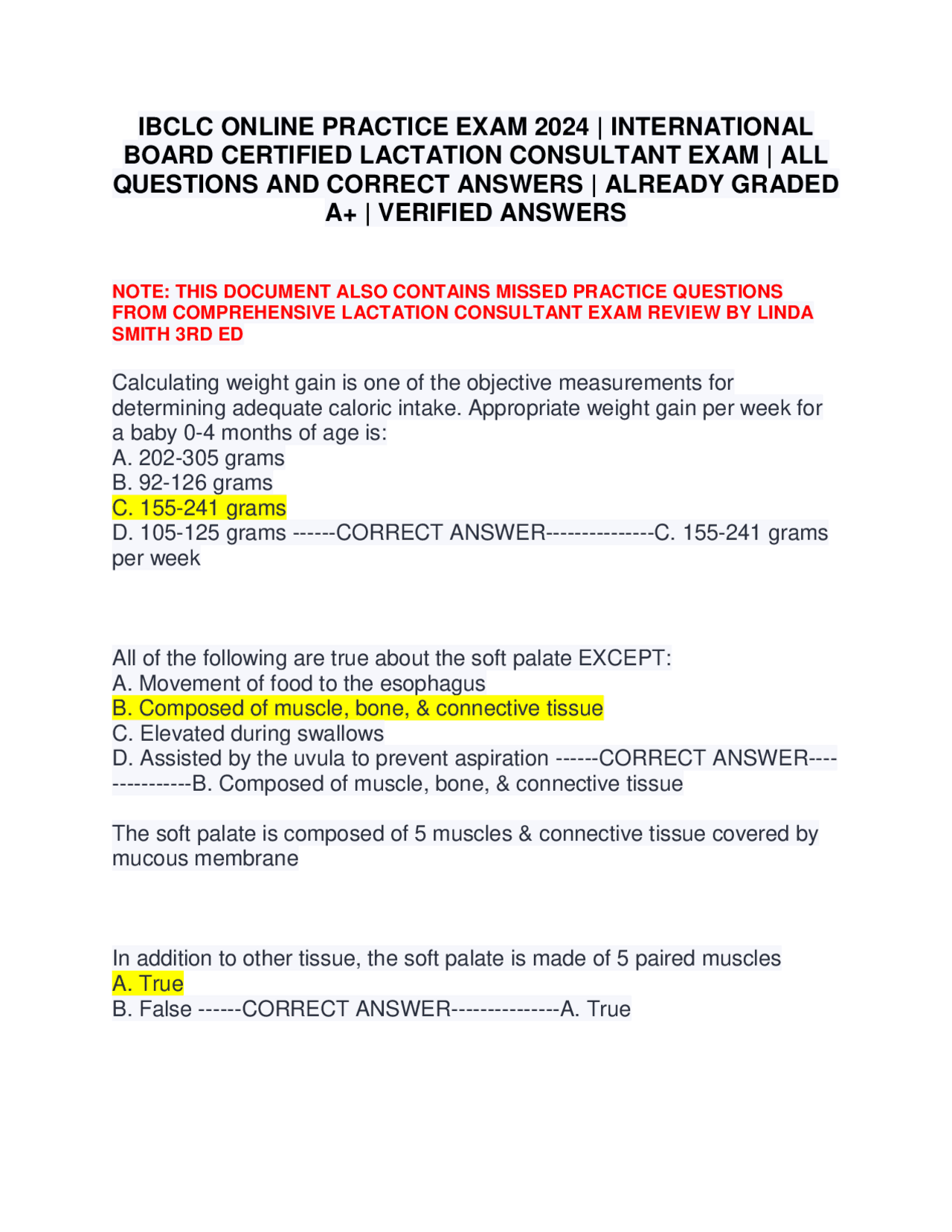 IBCLC ONLINE PRACTICE EXAM 2024 INTERNATIONAL BOARD CERTIFIED