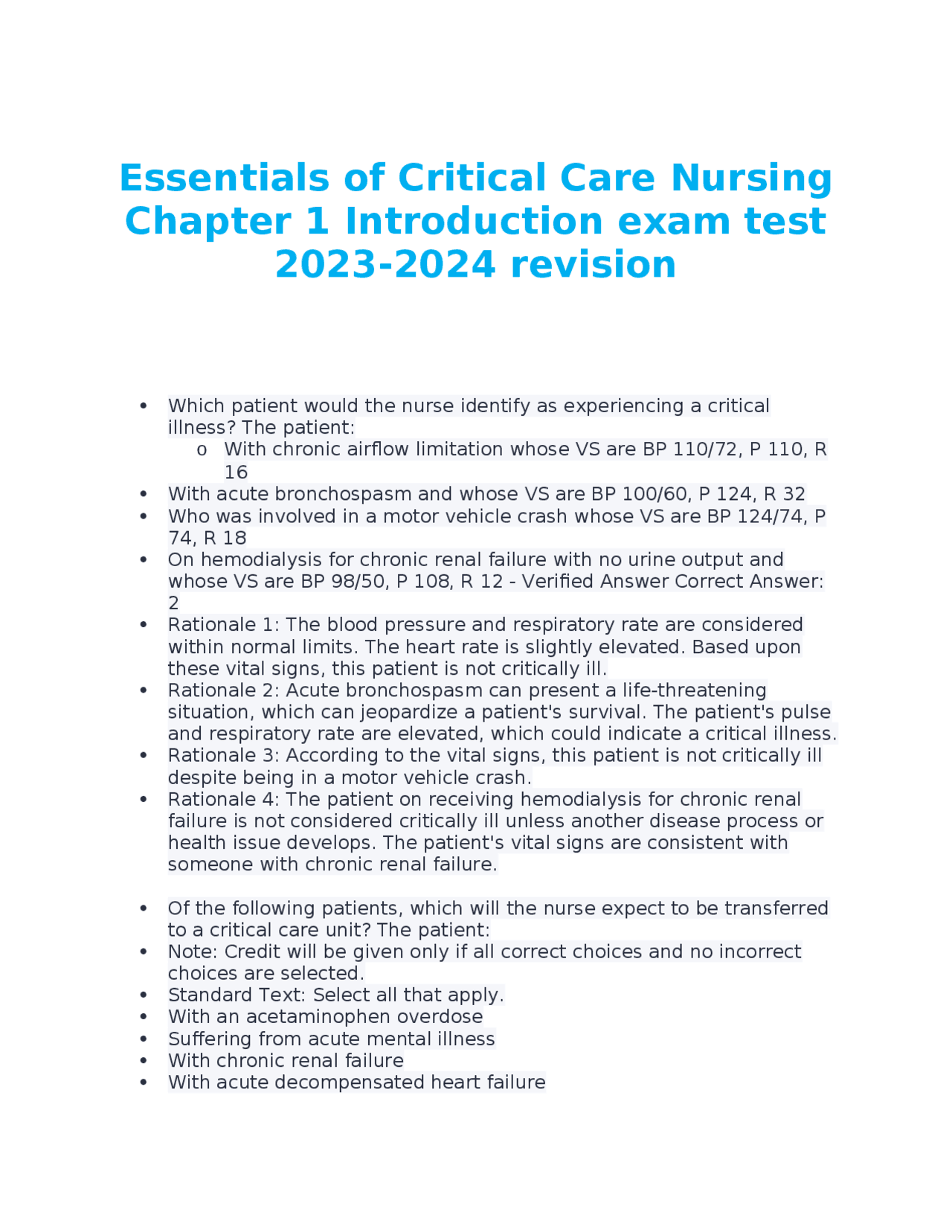 Essentials of Critical Care Nursing Chapter 1 Introduction exam test ...