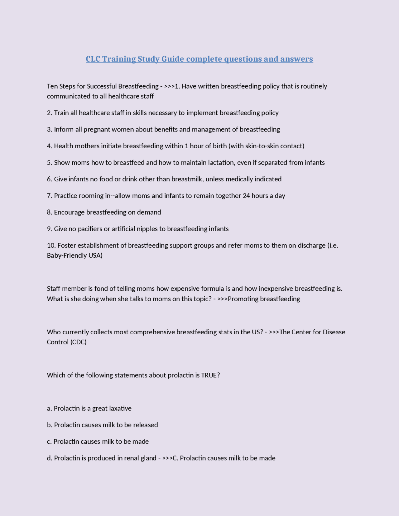 CLC Training Study Guide complete questions and answers | Exams Nursing ...