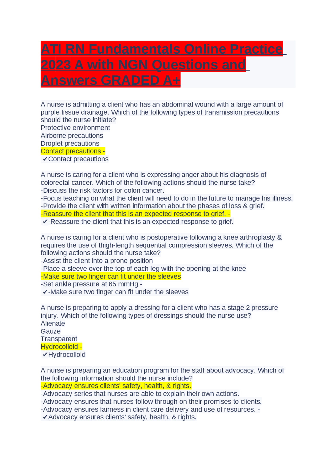 ATI RN Fundamentals Online Practice 2024 A with NGN Questions and ...