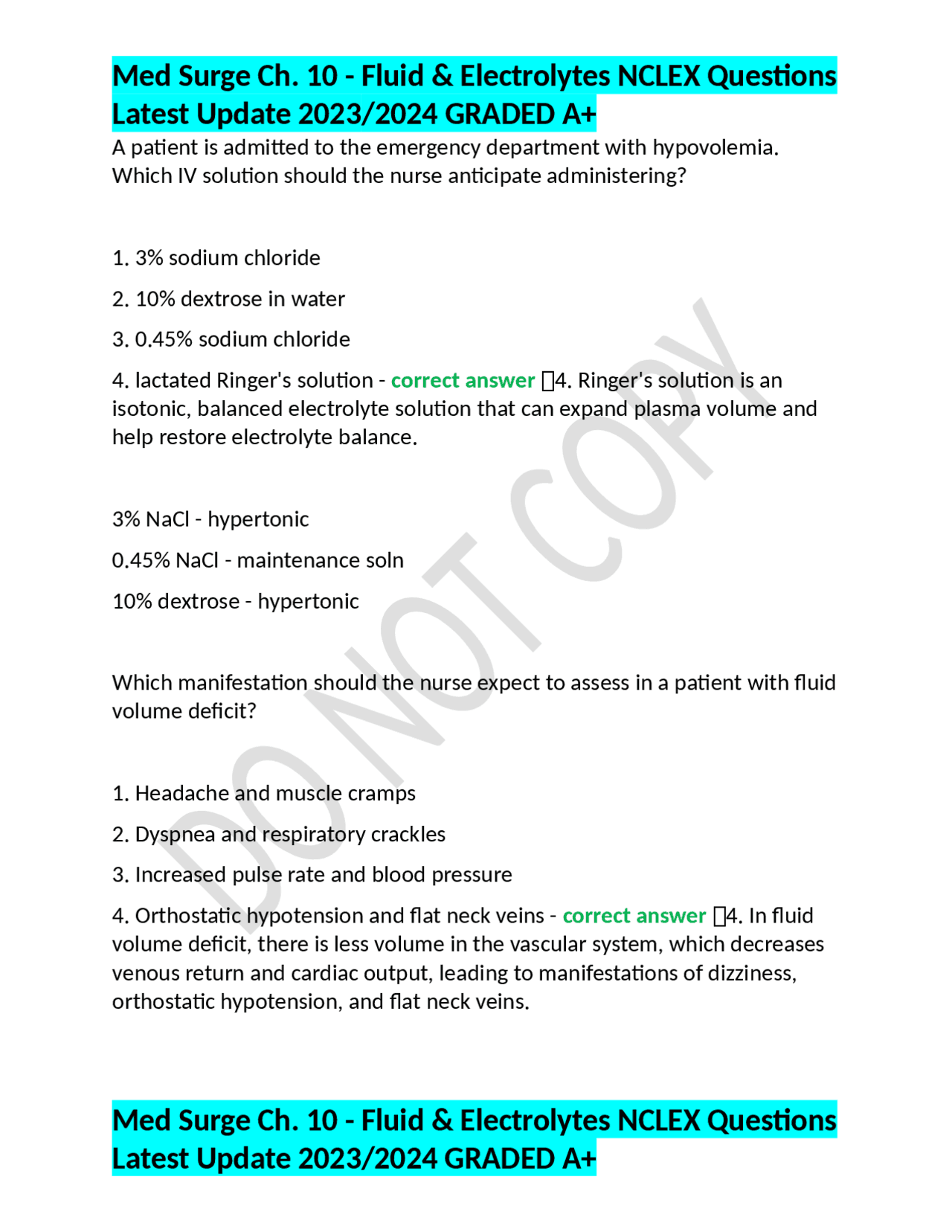 Med Surge Ch. 10 Fluid & Electrolytes NCLEX Questions Latest Update