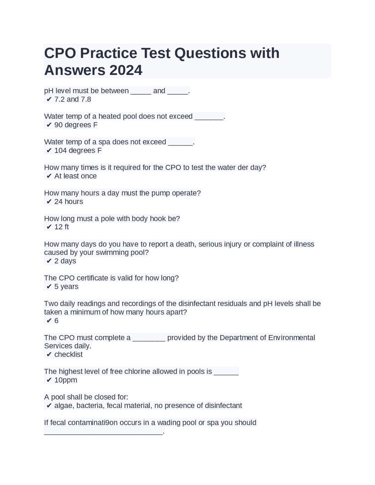 CPO Practice Test Questions with Answers 2024 | Exams Engineering | Docsity