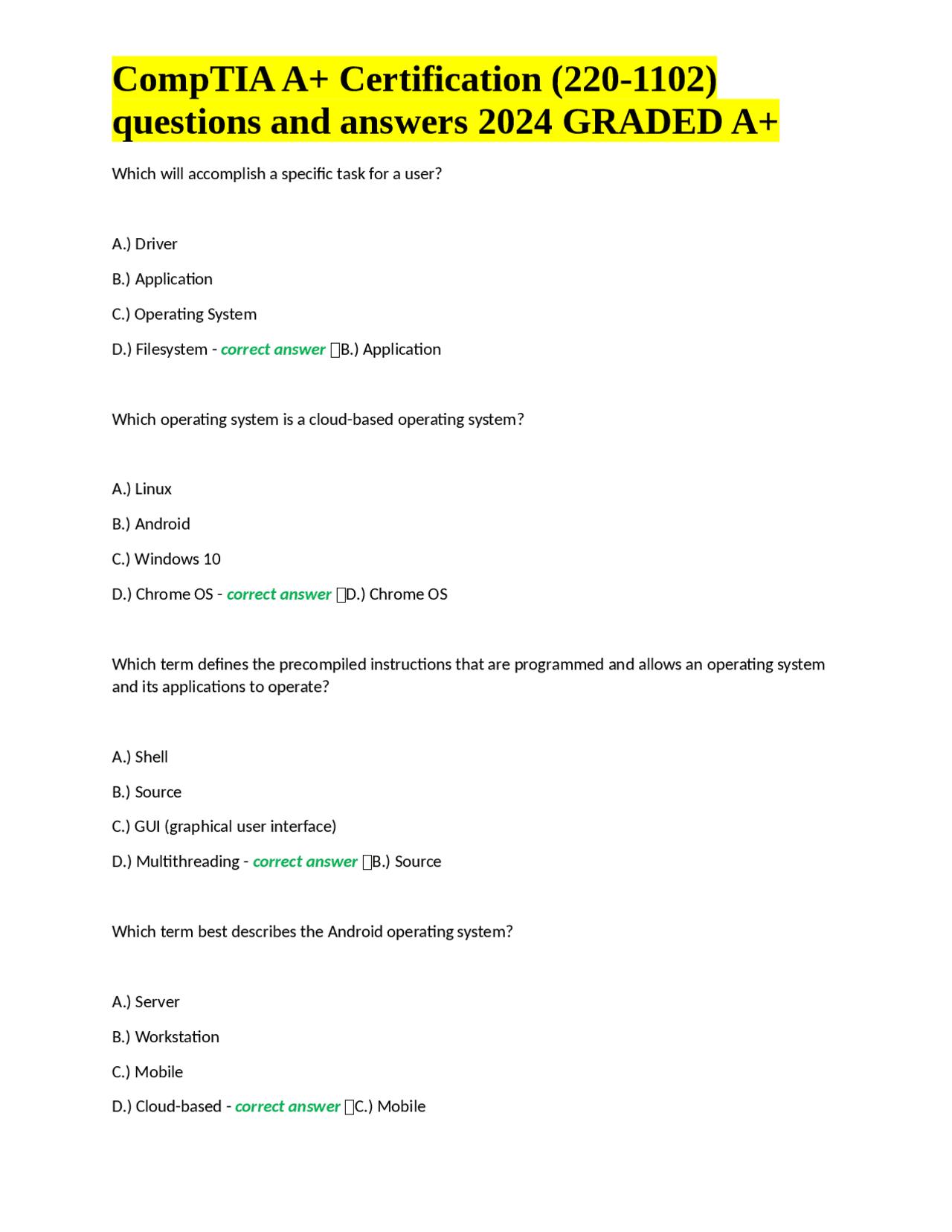CompTIA A+ Certification (220-1102) questions and answers 2024 GRADED ...