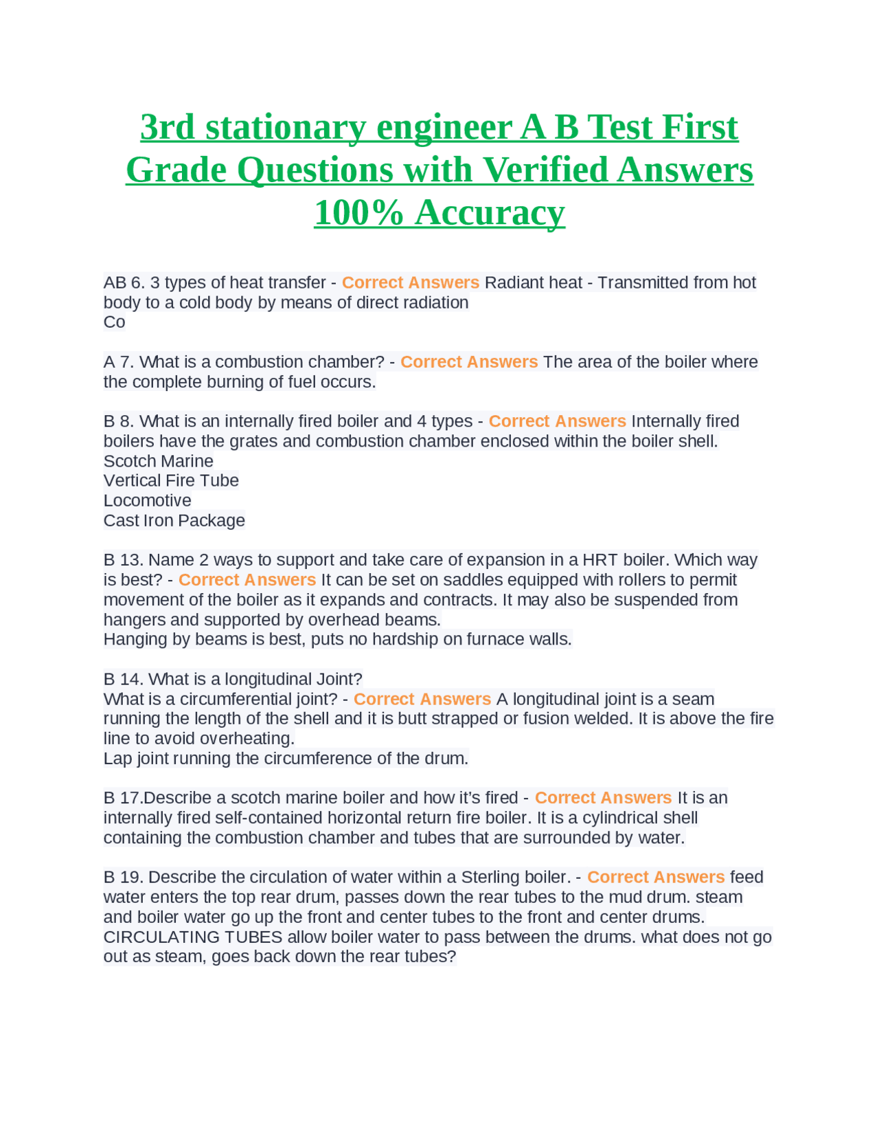 3rd stationary engineer A B Test First Grade Questions with Verified