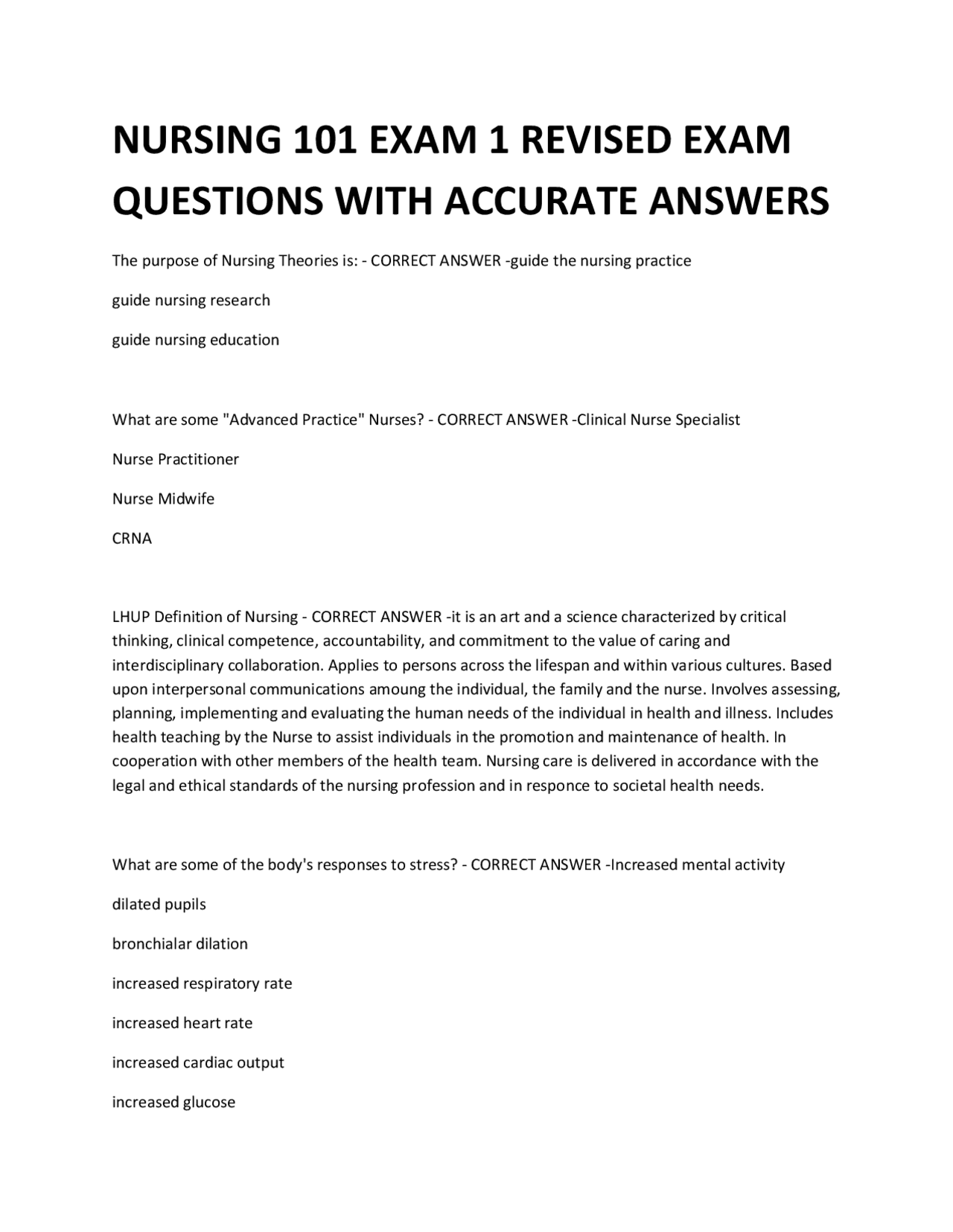 Nursing 101 Exam 1 Revised: Key Concepts and Questions | Exams Nursing ...