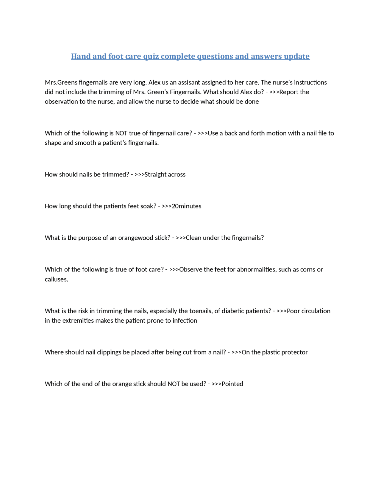 Hand and foot care quiz complete questions and answers update Exams