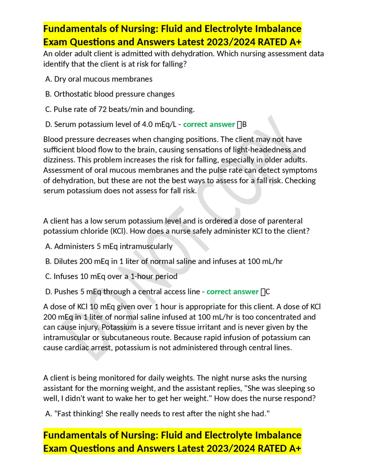 Fundamentals of Nursing: Fluid and Electrolyte Imbalance Exam Questions ...