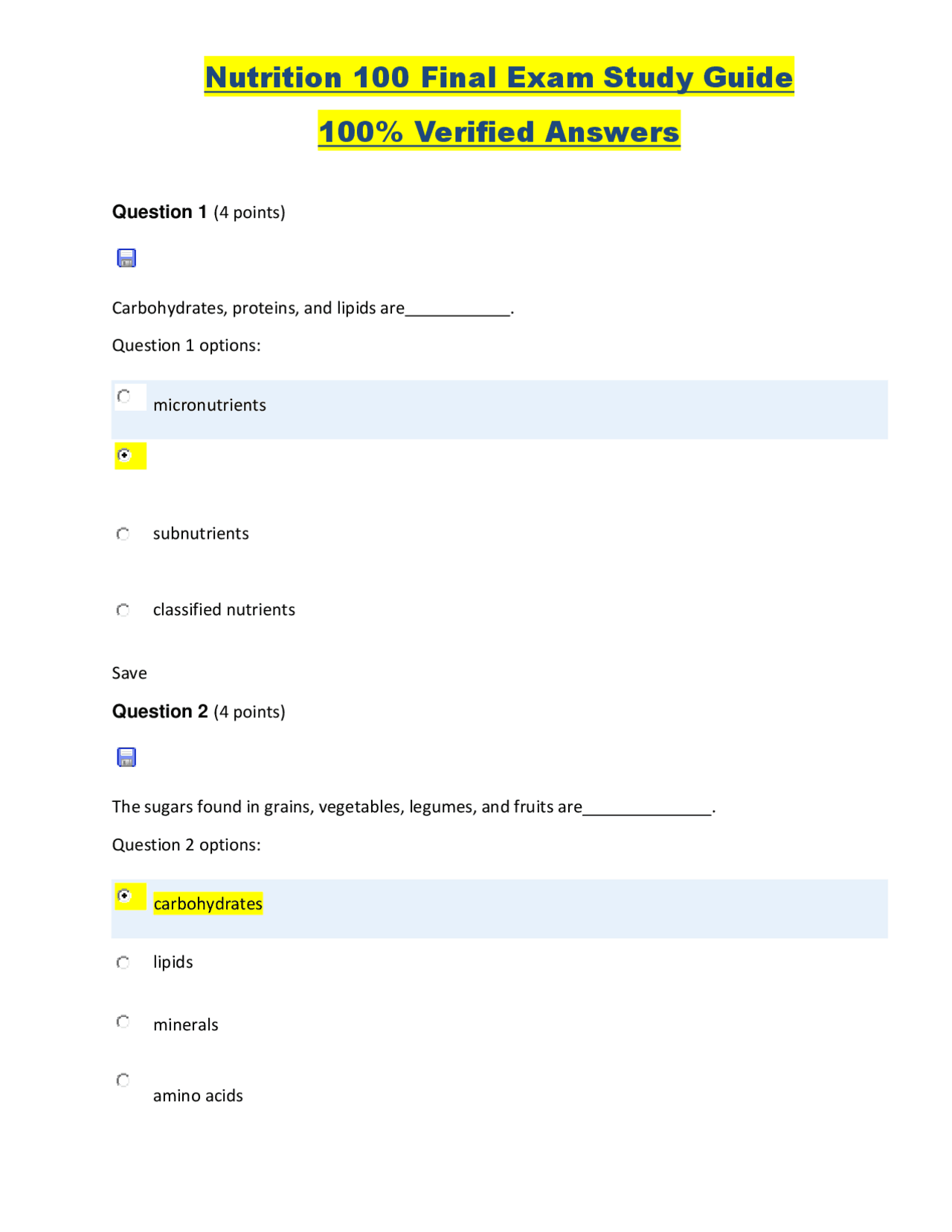 Nutrition 100 Final Exam Study Guide 100% Verified Answers | Exams ...