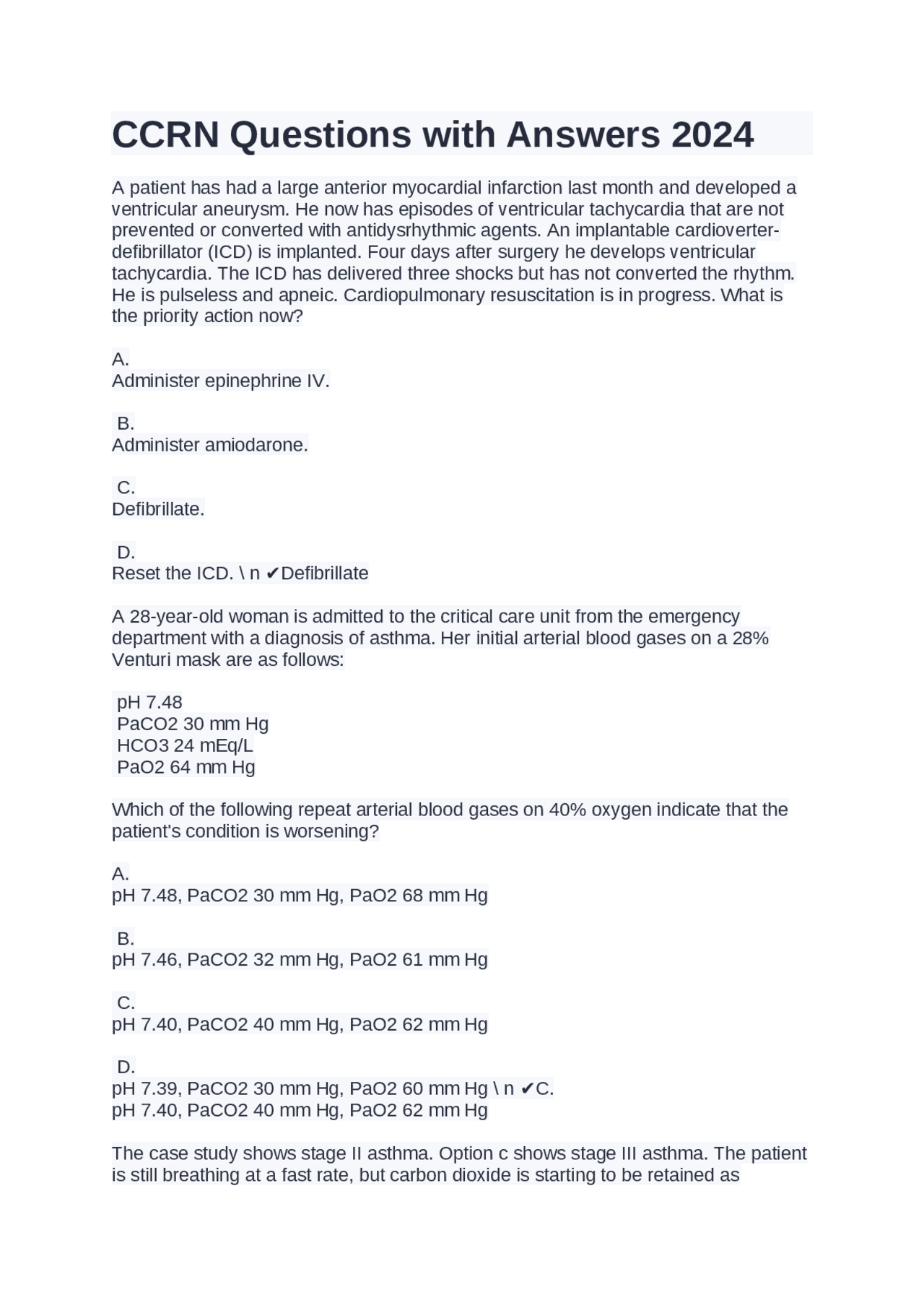 CCRN Questions with Answers 2024 | Exams Nursing | Docsity