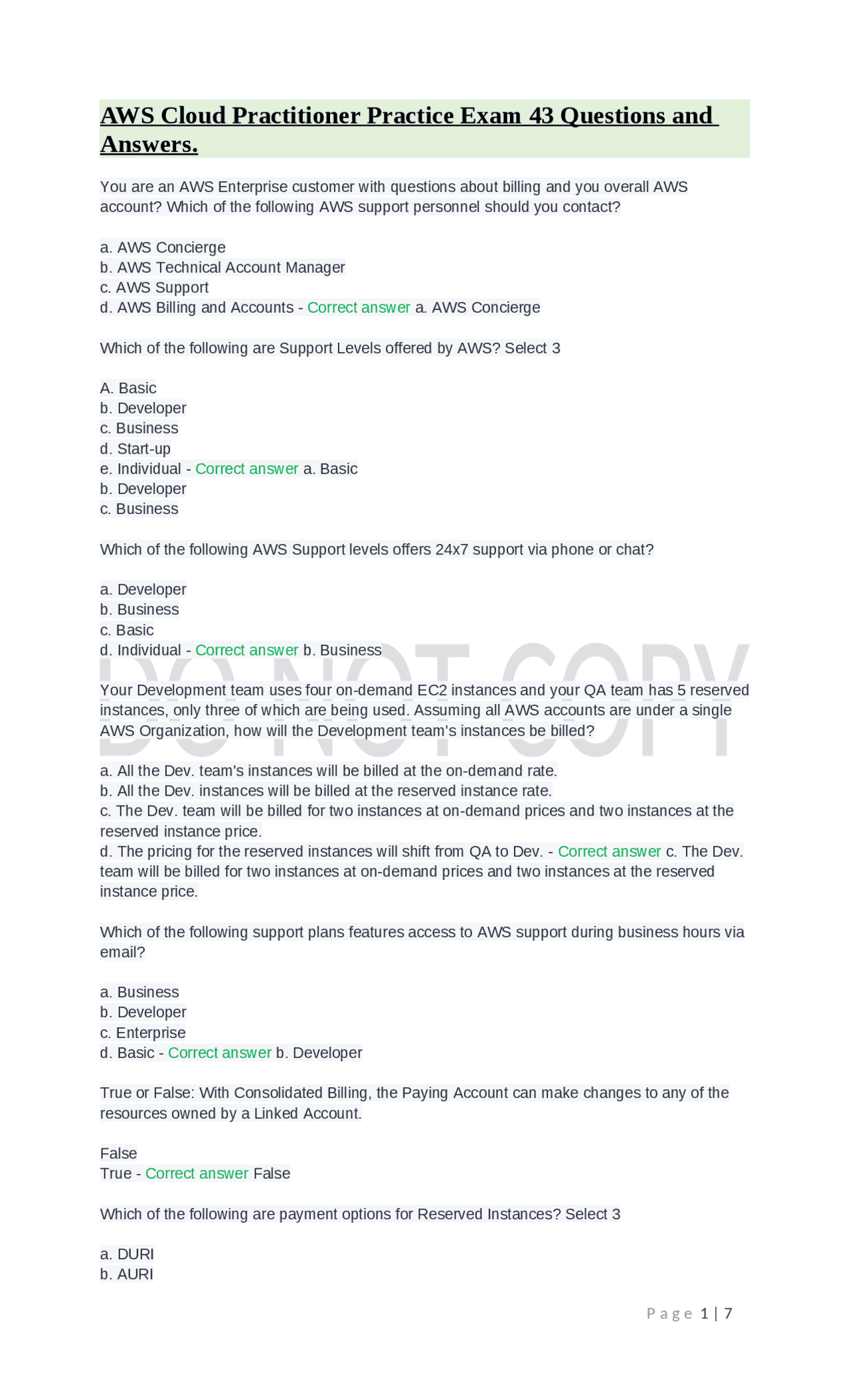 AWS Cloud Practitioner Practice Exam 43 Questions and Answers. | Exams ...