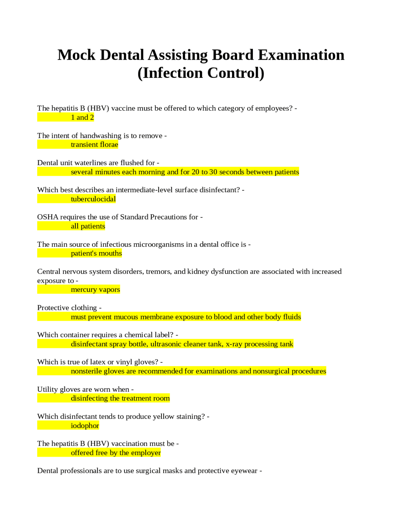 Mock Dental Assisting Board Examination (Infection Control) Exams