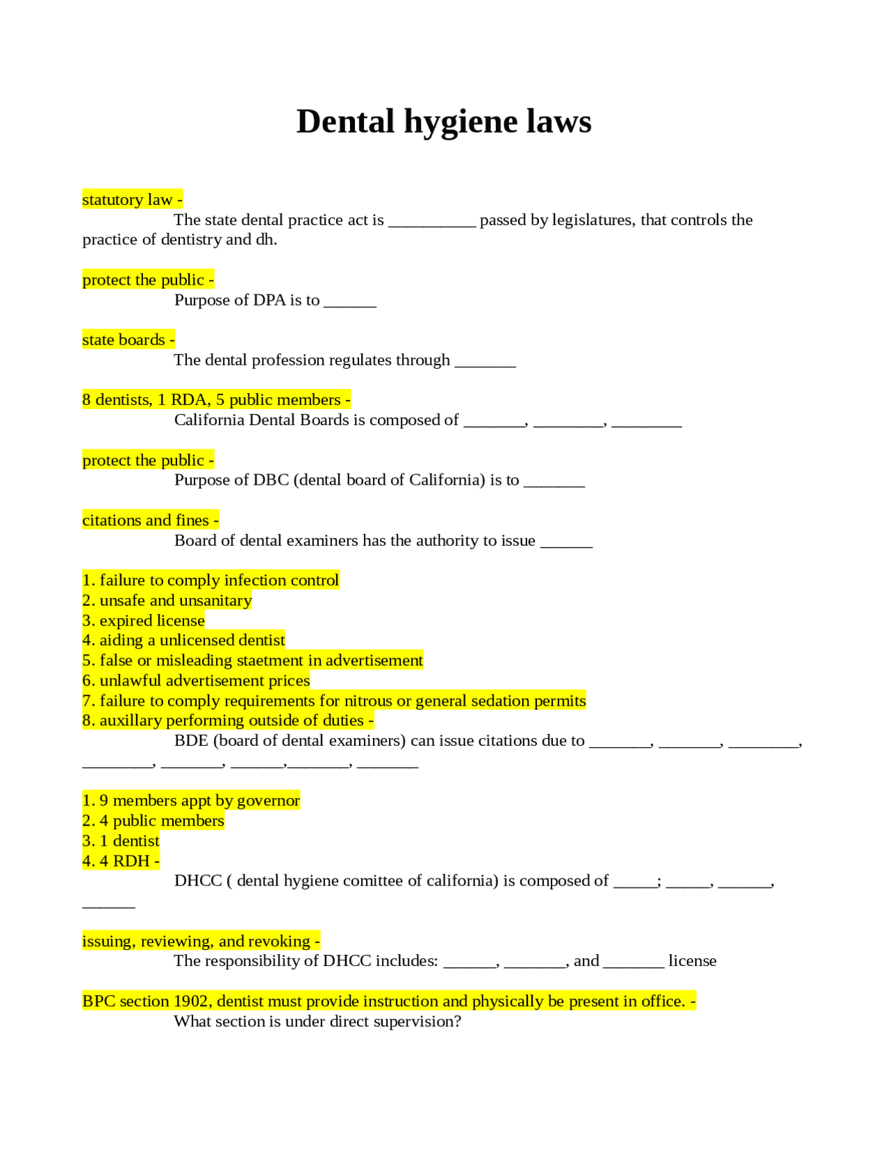 California Dental Hygiene Laws and Regulations Exams Dentistry Docsity