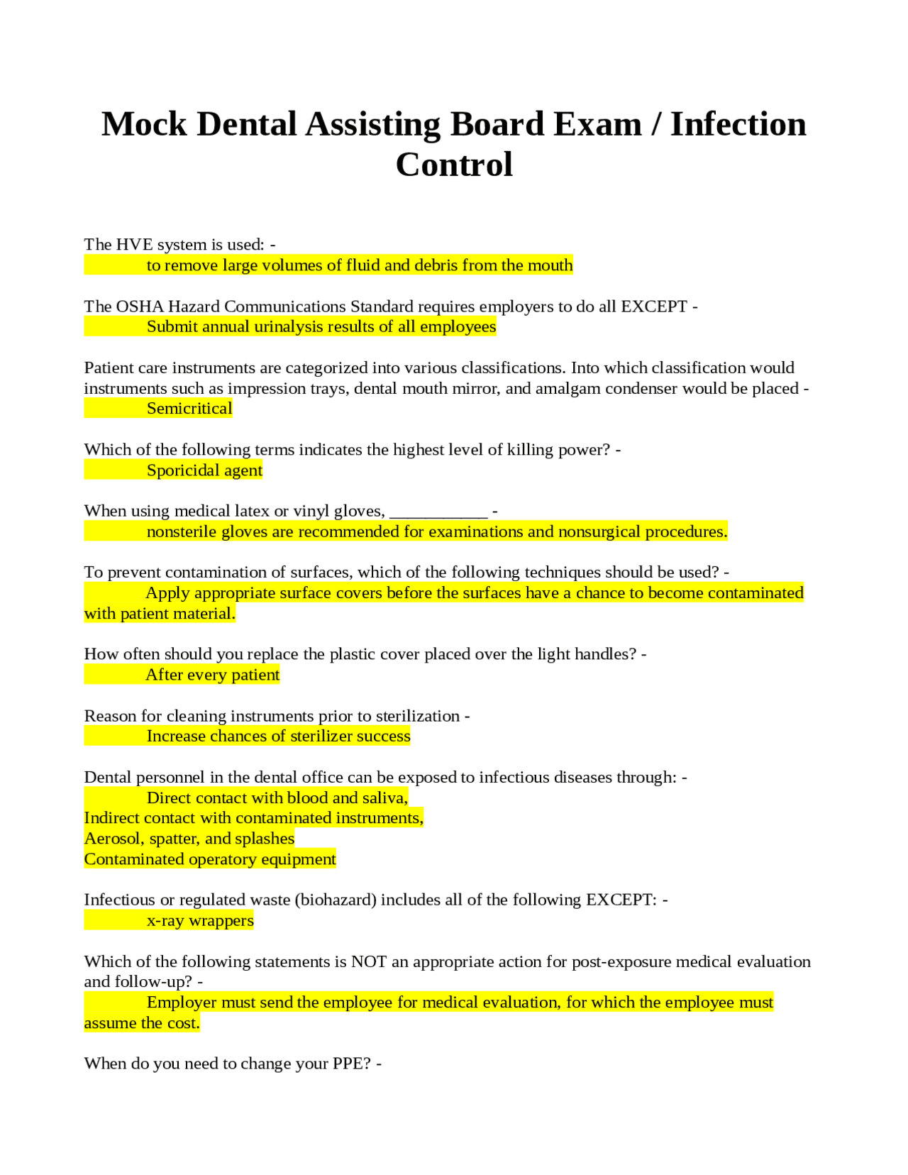 Mock Dental Assisting Board Exam Infection Control Exams Dentistry