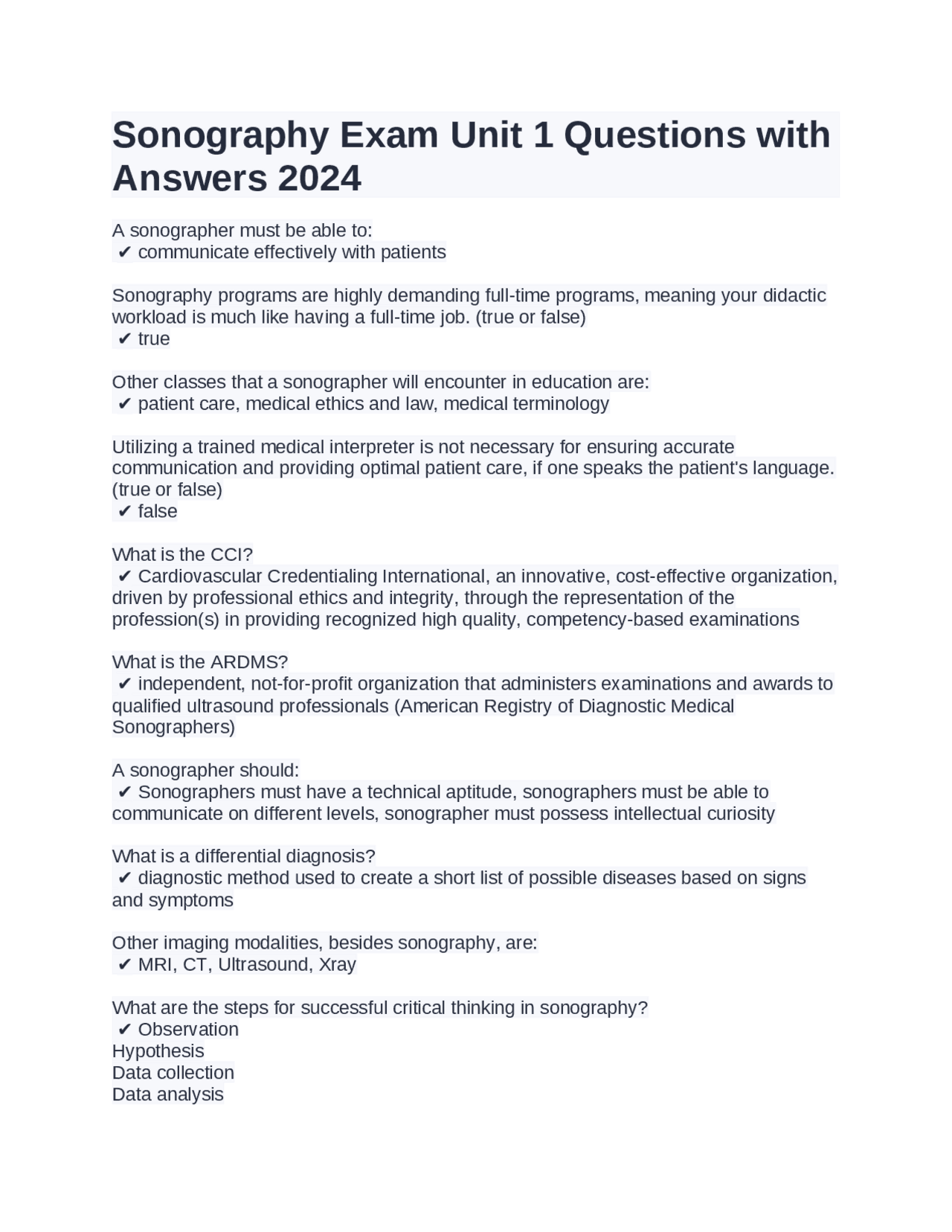 Sonography Exam Unit 1 Questions with Answers 2024 | Exams Biology ...